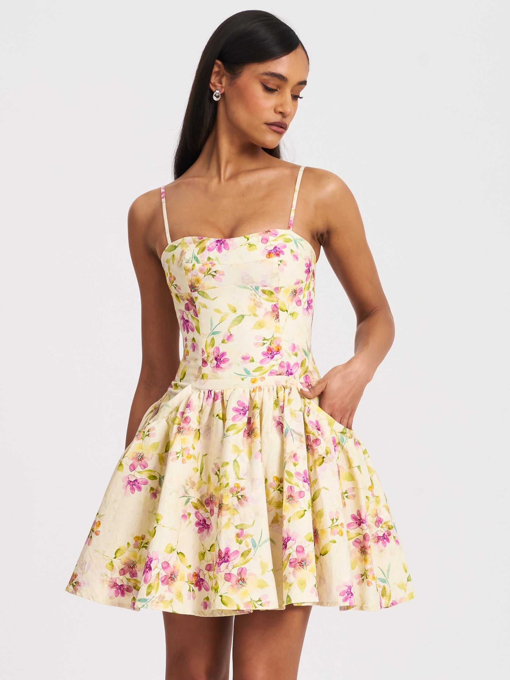 Valda Yellow and Pink Print Linen Mini Dress with Pockets