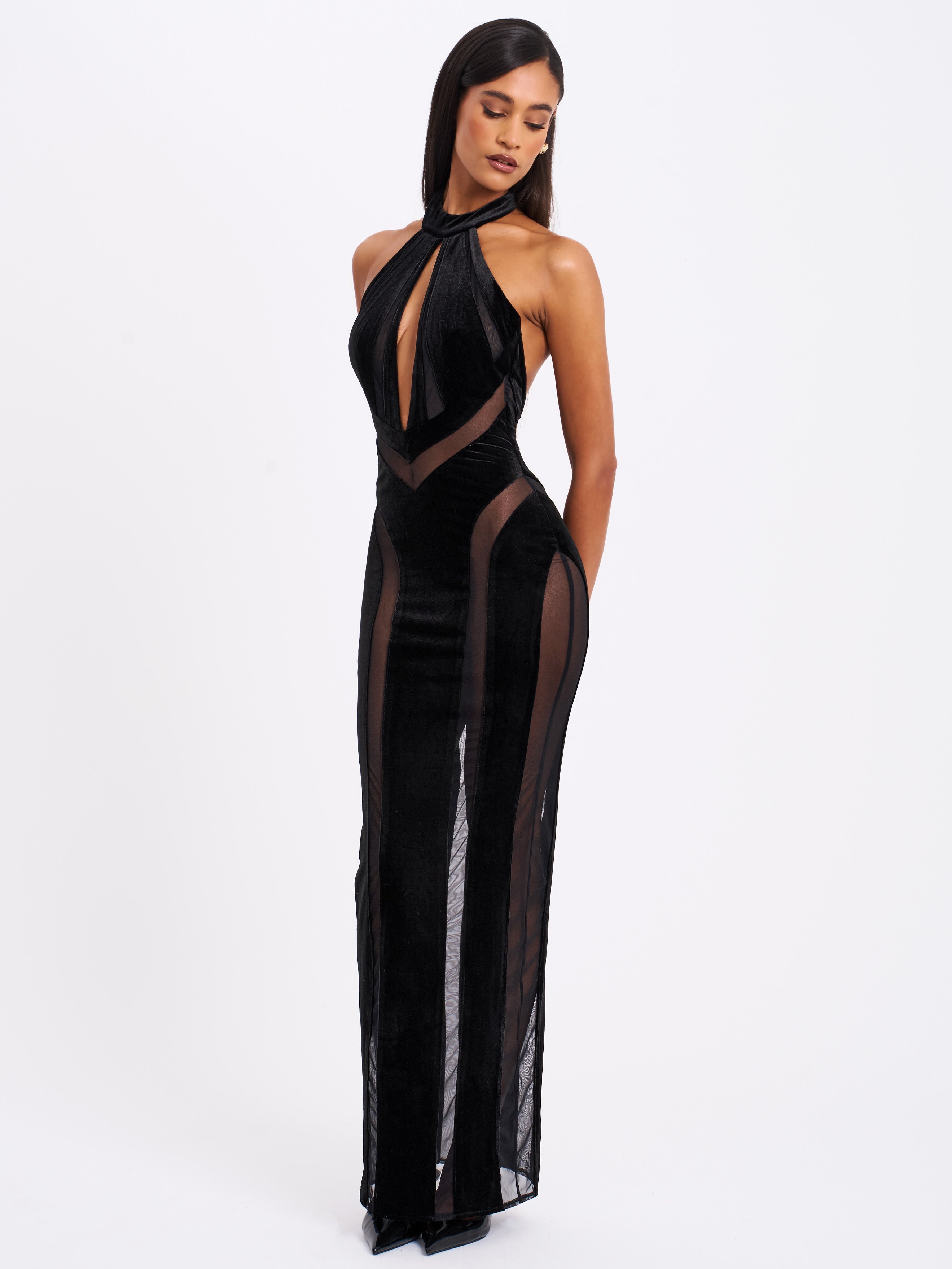 Paityn Black Velvet Mesh Cutout Halter Gown