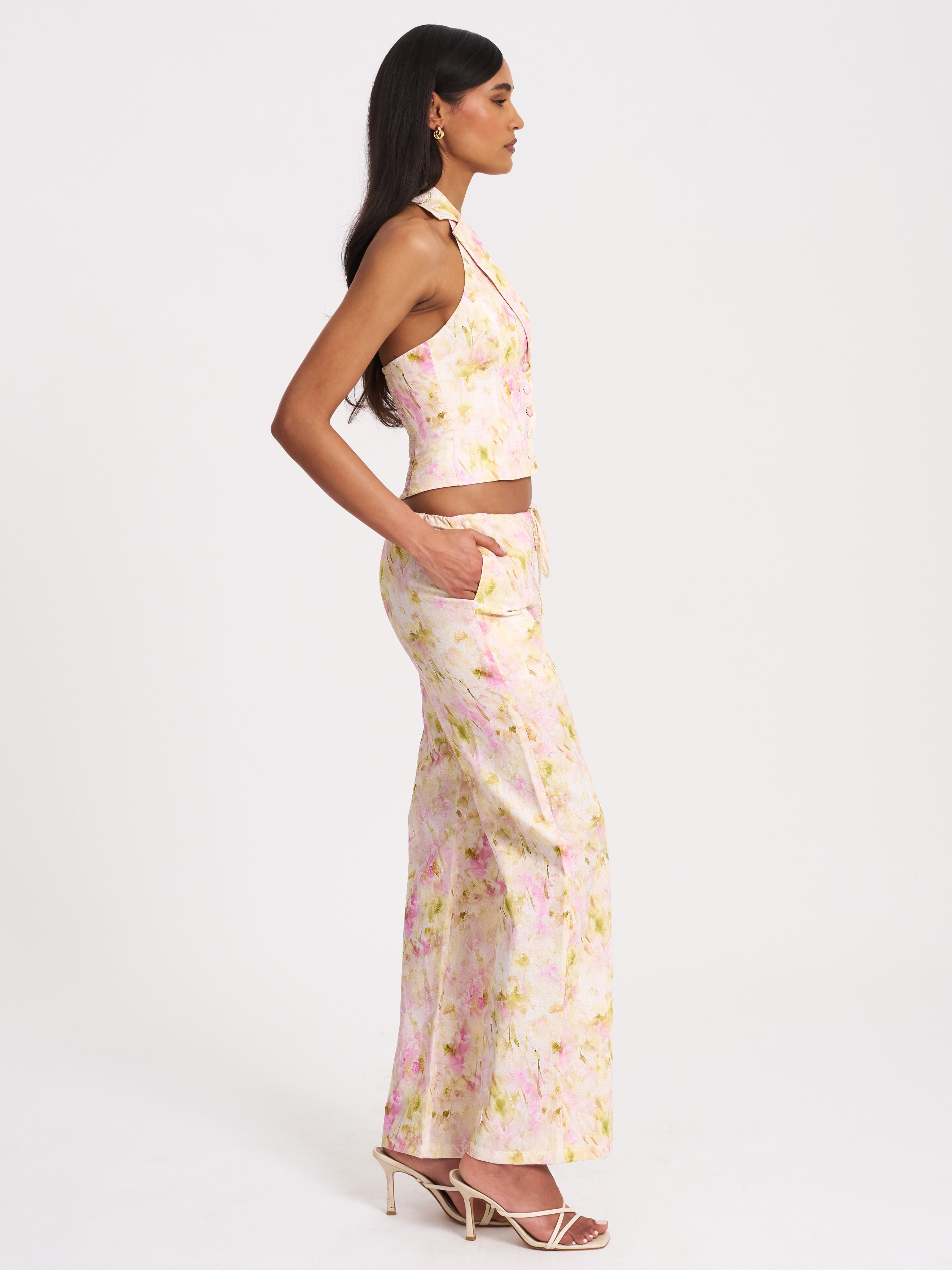 Laureen Pink Floral Print Linen Straight Pants