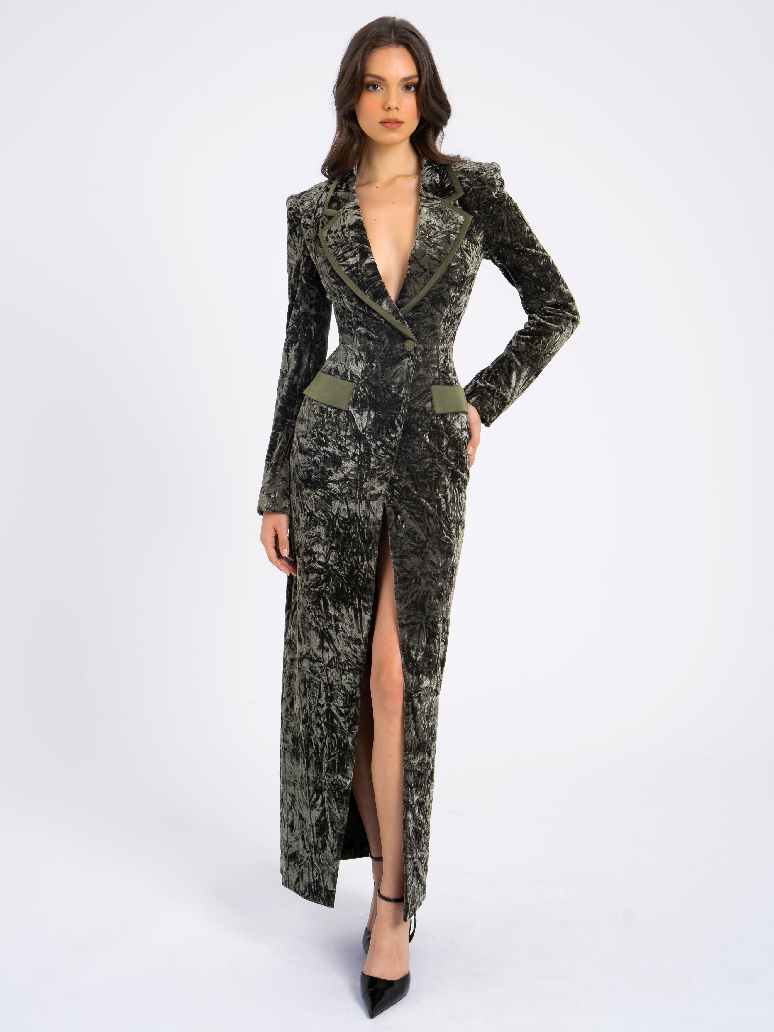 Willow Green Glossy Velvet High Slit Blazer Gown (Archive Sale)