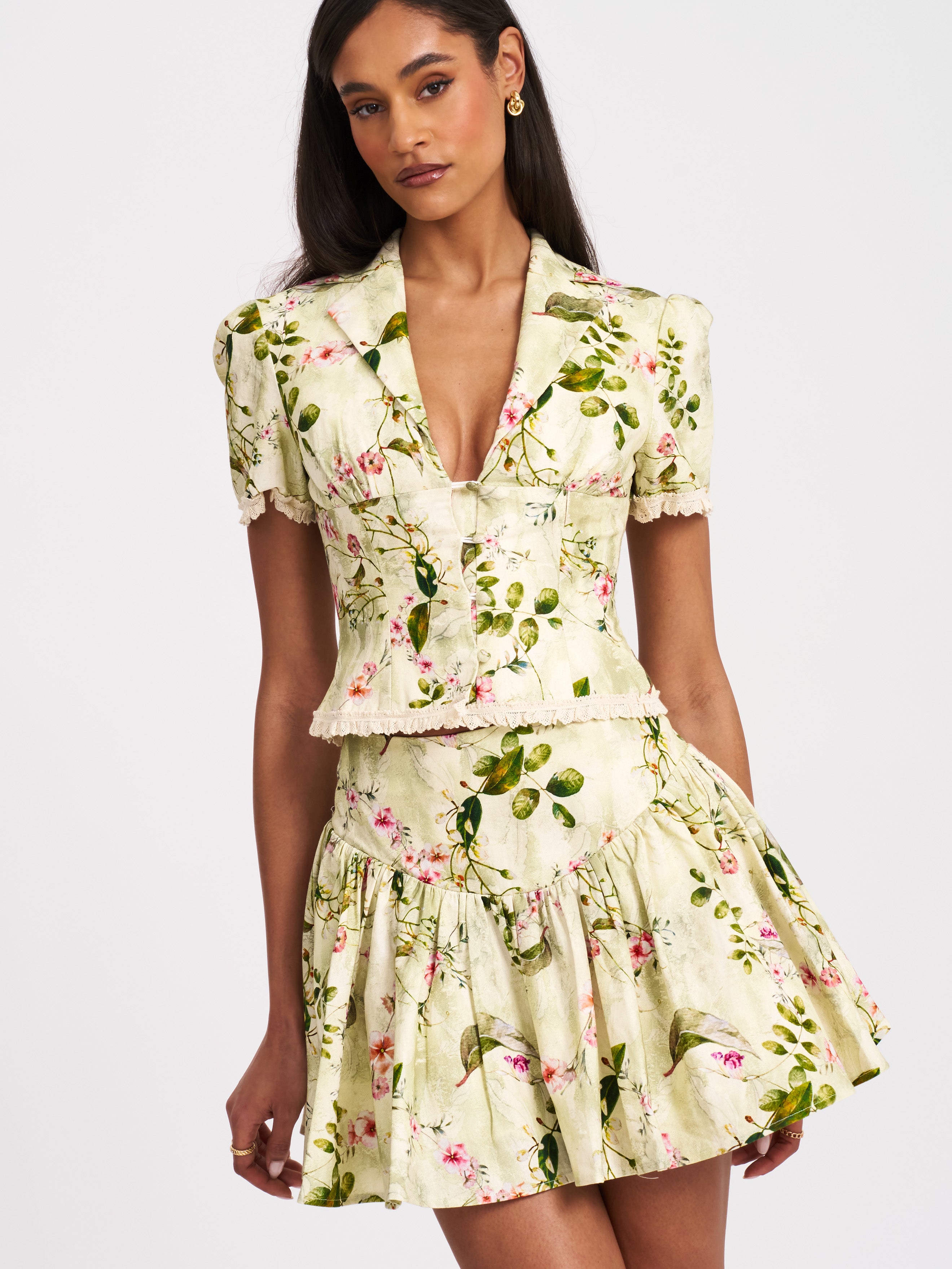 Zanelle Green Floral Print Drop Waist Linen Full Skirt