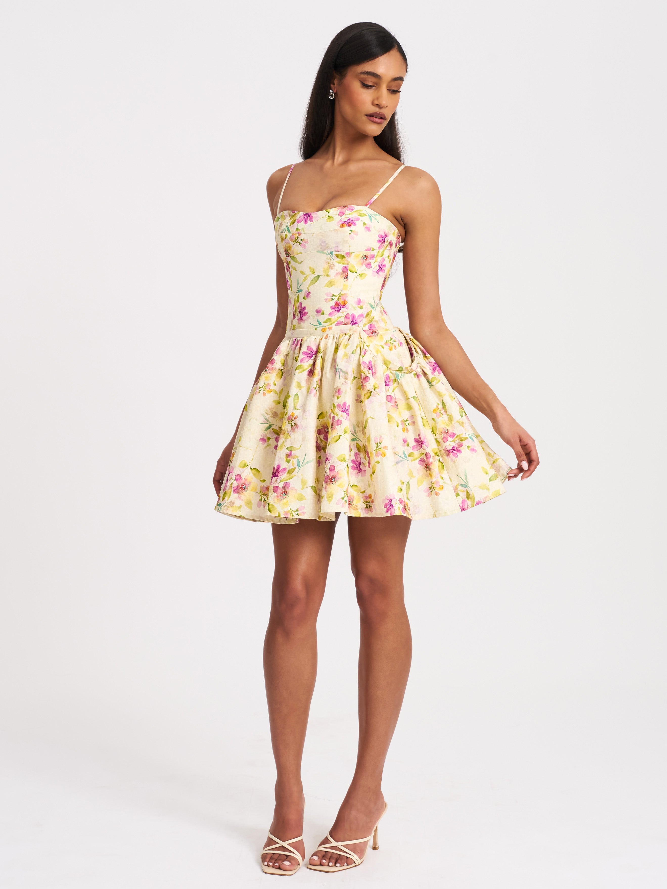 Valda Yellow and Pink Print Linen Mini Dress with Pockets