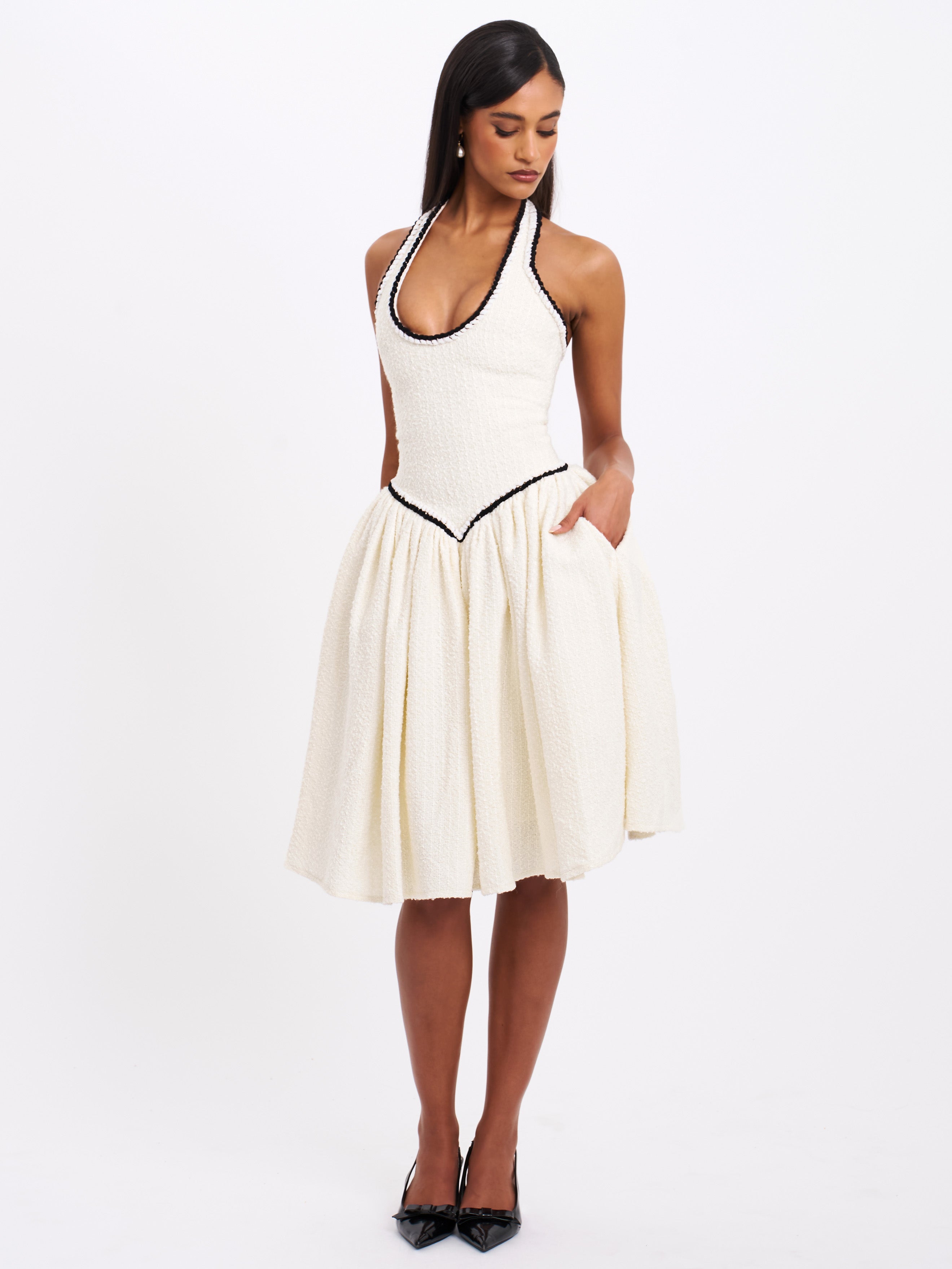 Natalie U Neck Halter Drop Waist Tweed Midi Dress