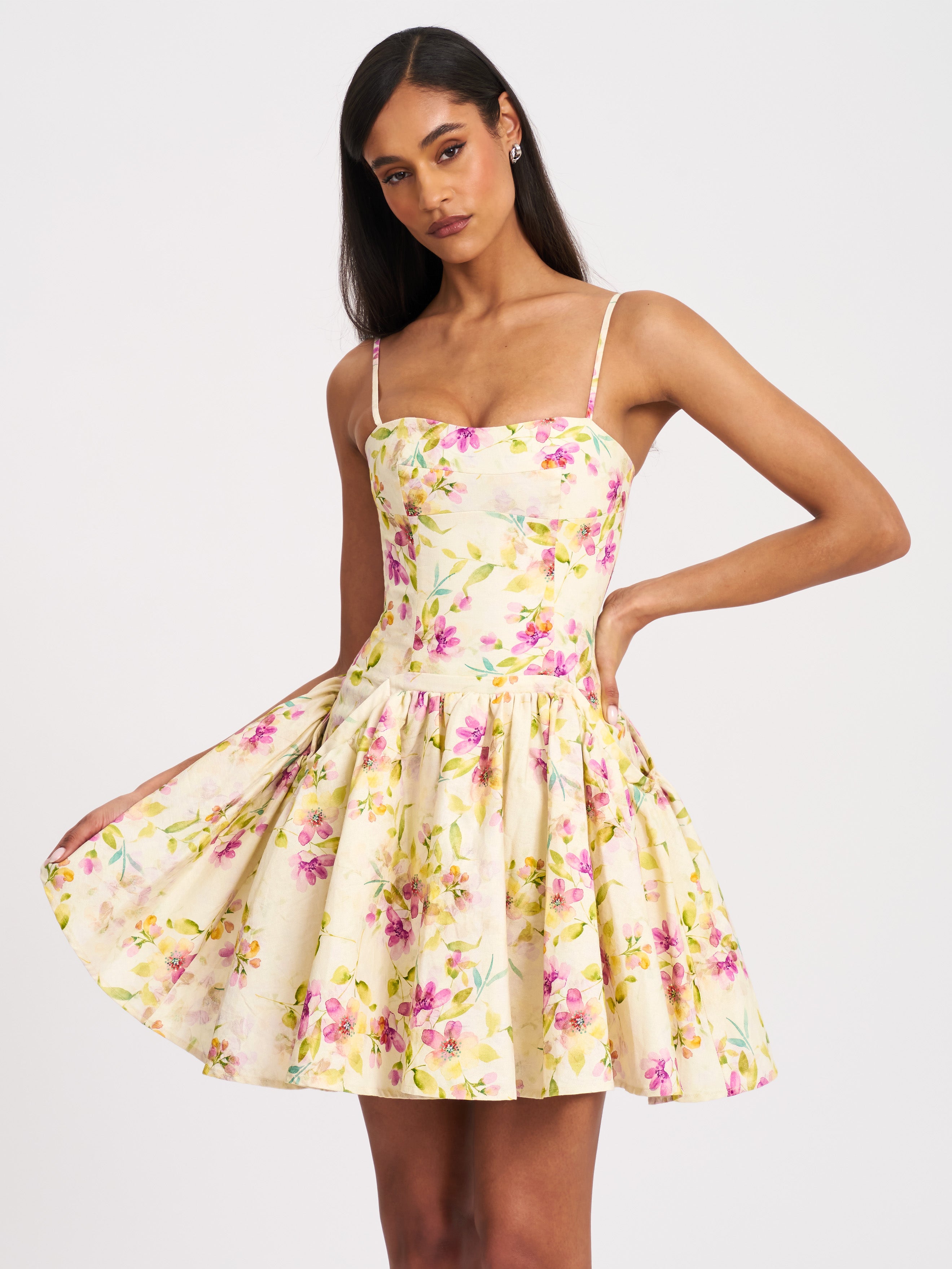 Valda Yellow and Pink Print Linen Mini Dress with Pockets