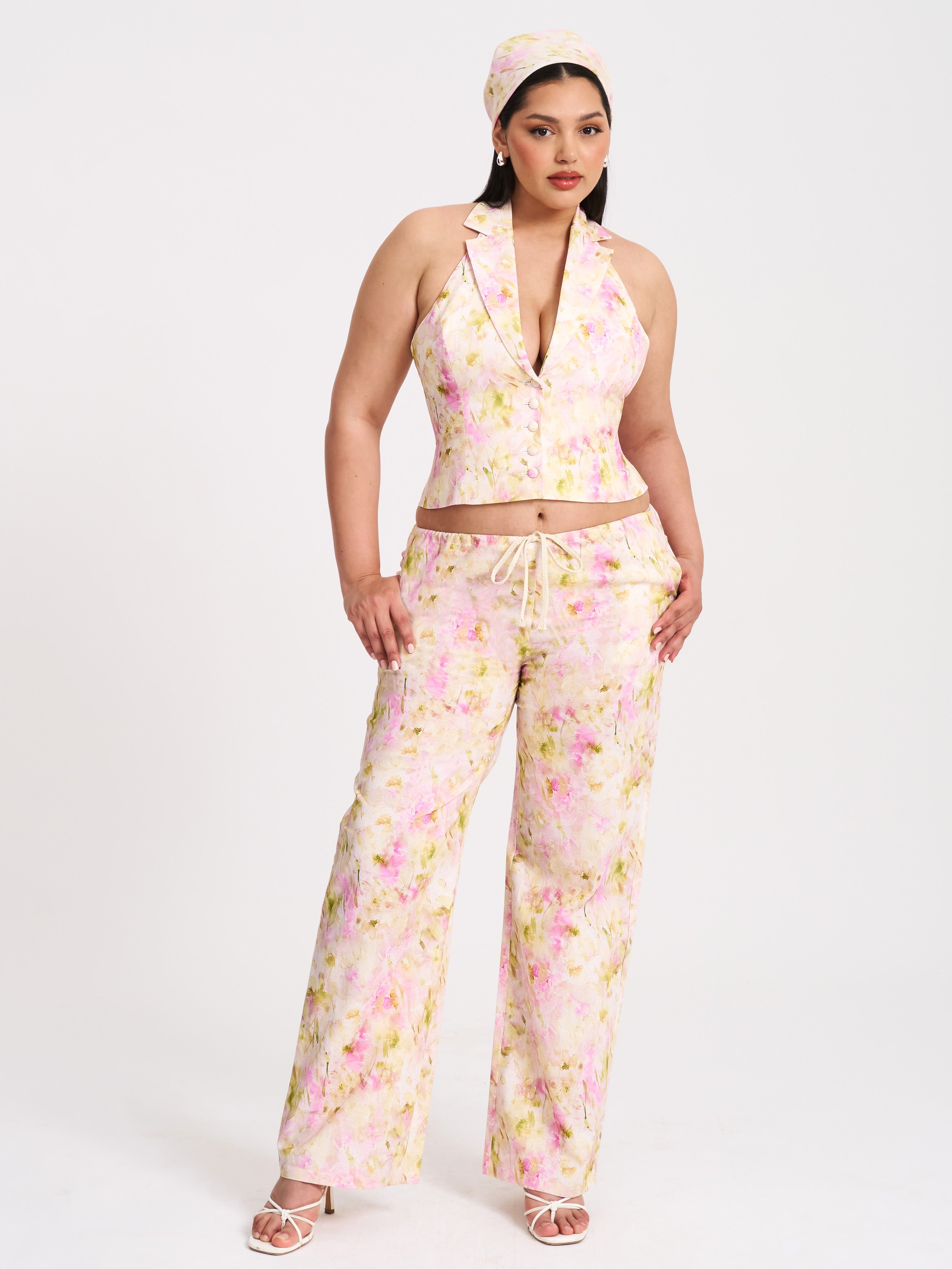 Laureen Pink Floral Print Linen Straight Pants