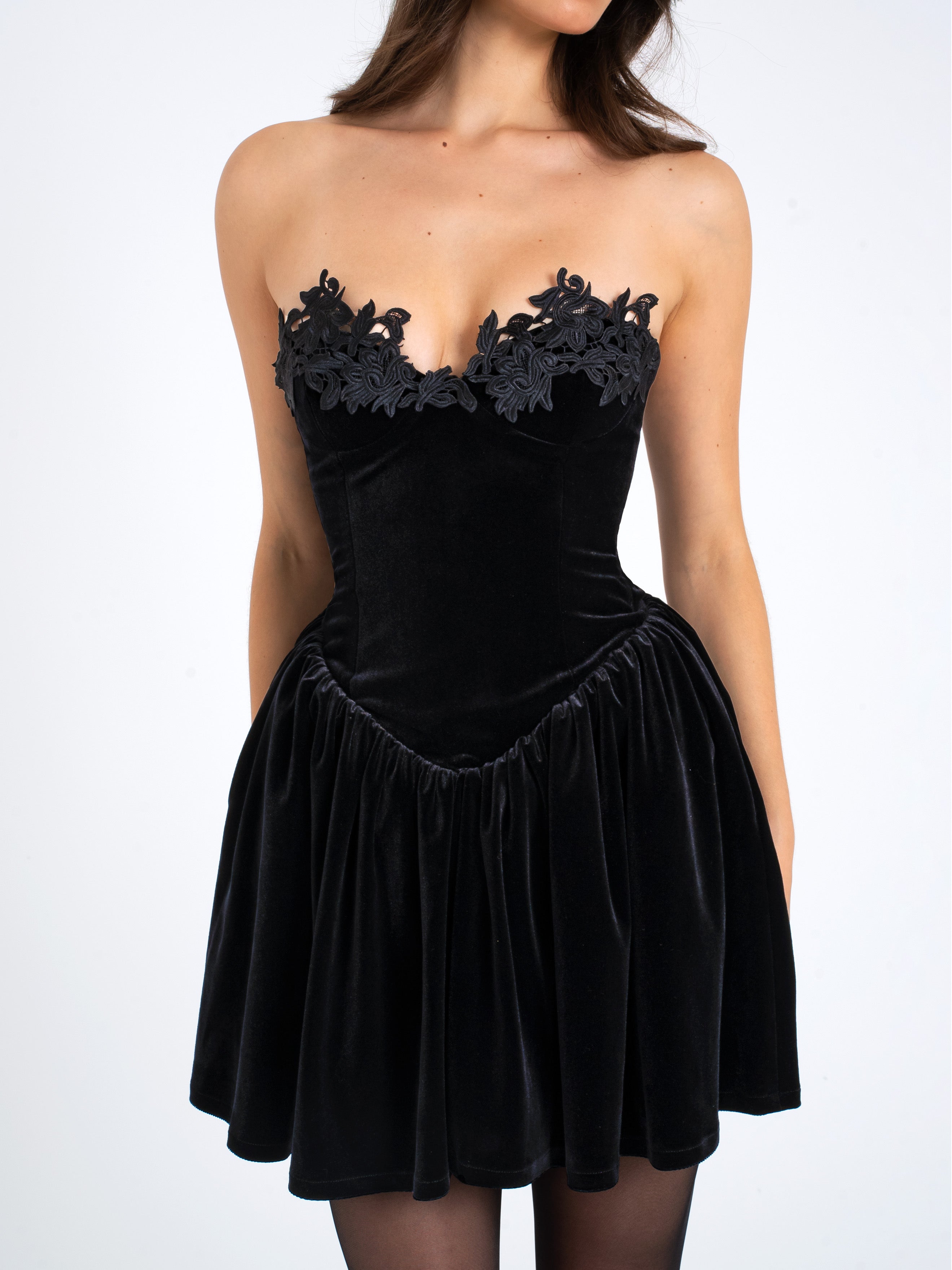 Nora Black Velvet Drop Waist Corset Puffy Mini Dress with Lace Trim (Archive Sale)