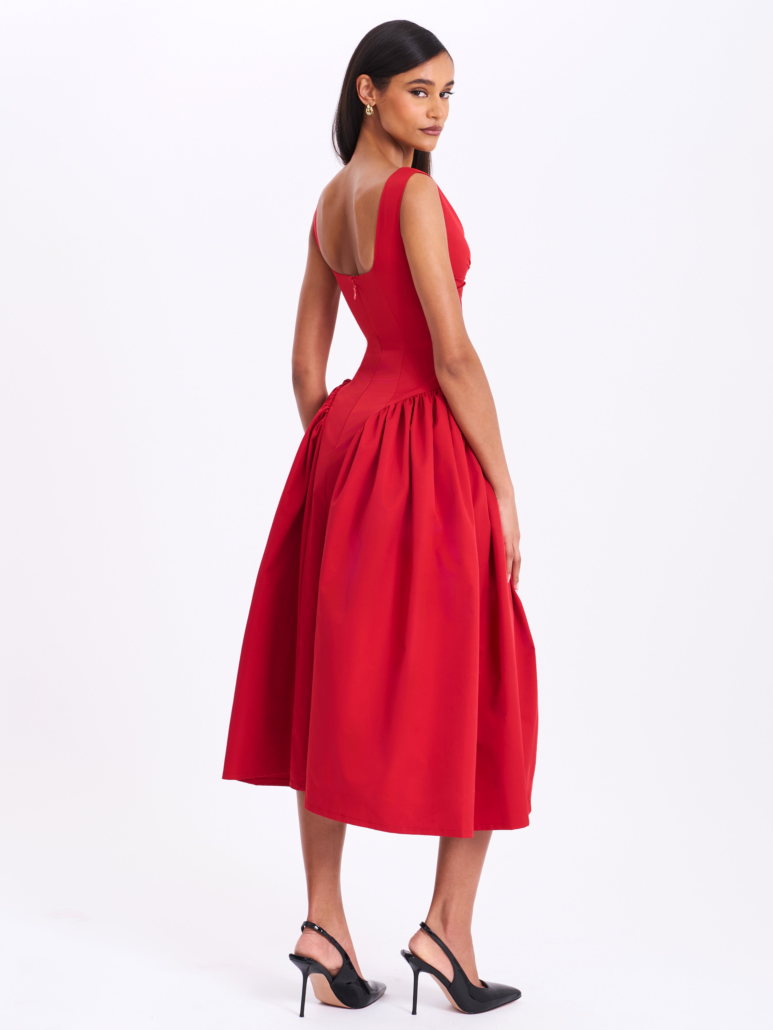 Nahla Red Drop Waist Midi Dress with Buttons
