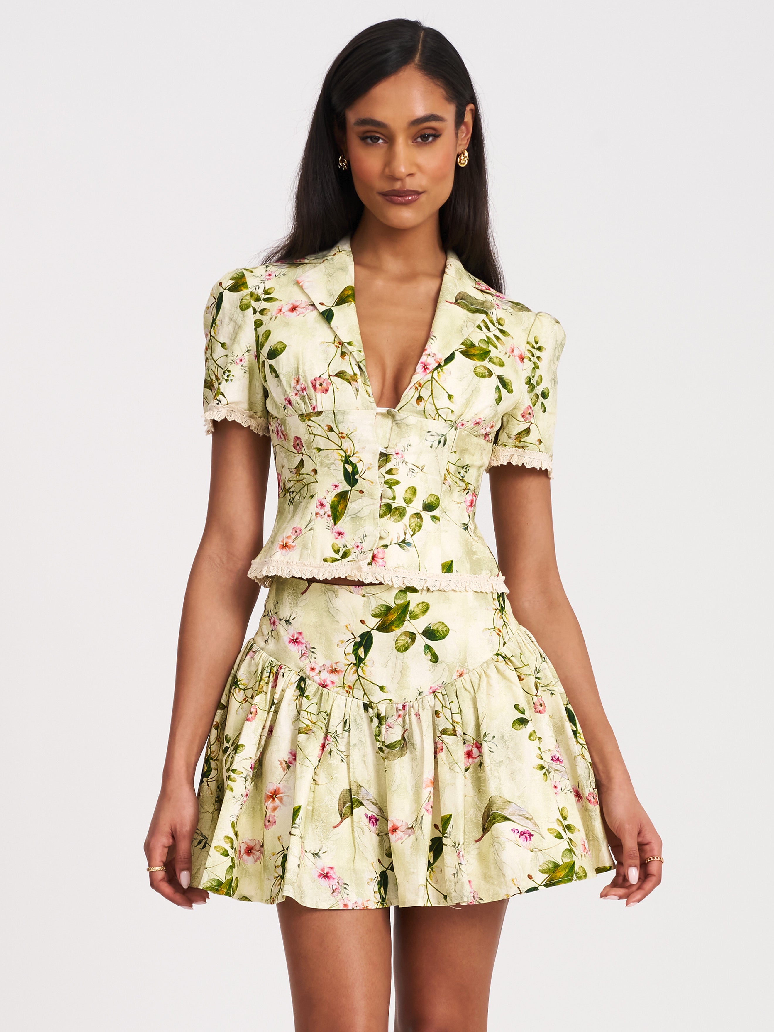 Zanelle Green Floral Print Drop Waist Linen Full Skirt