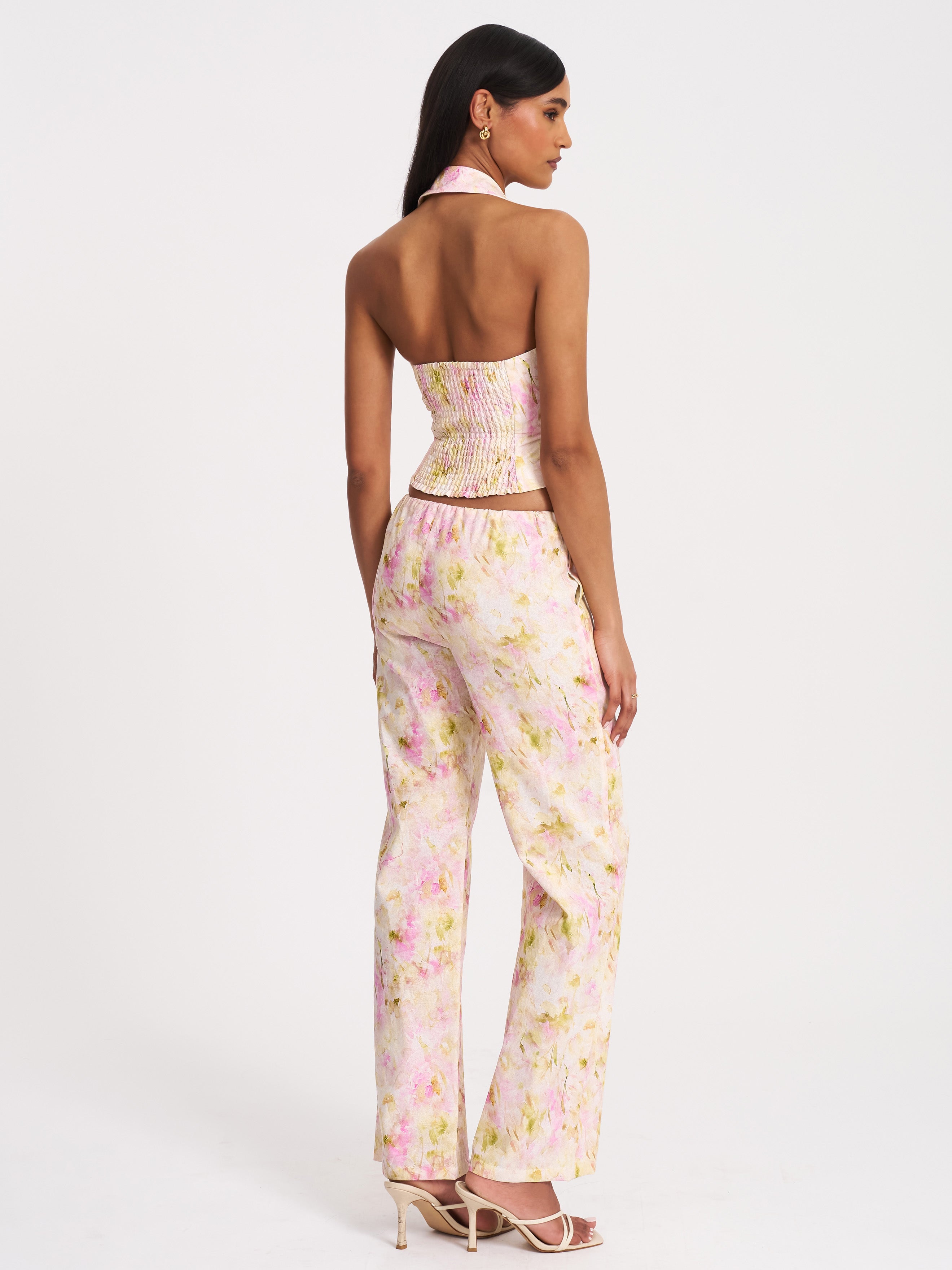 Laureen Pink Floral Print Linen Straight Pants