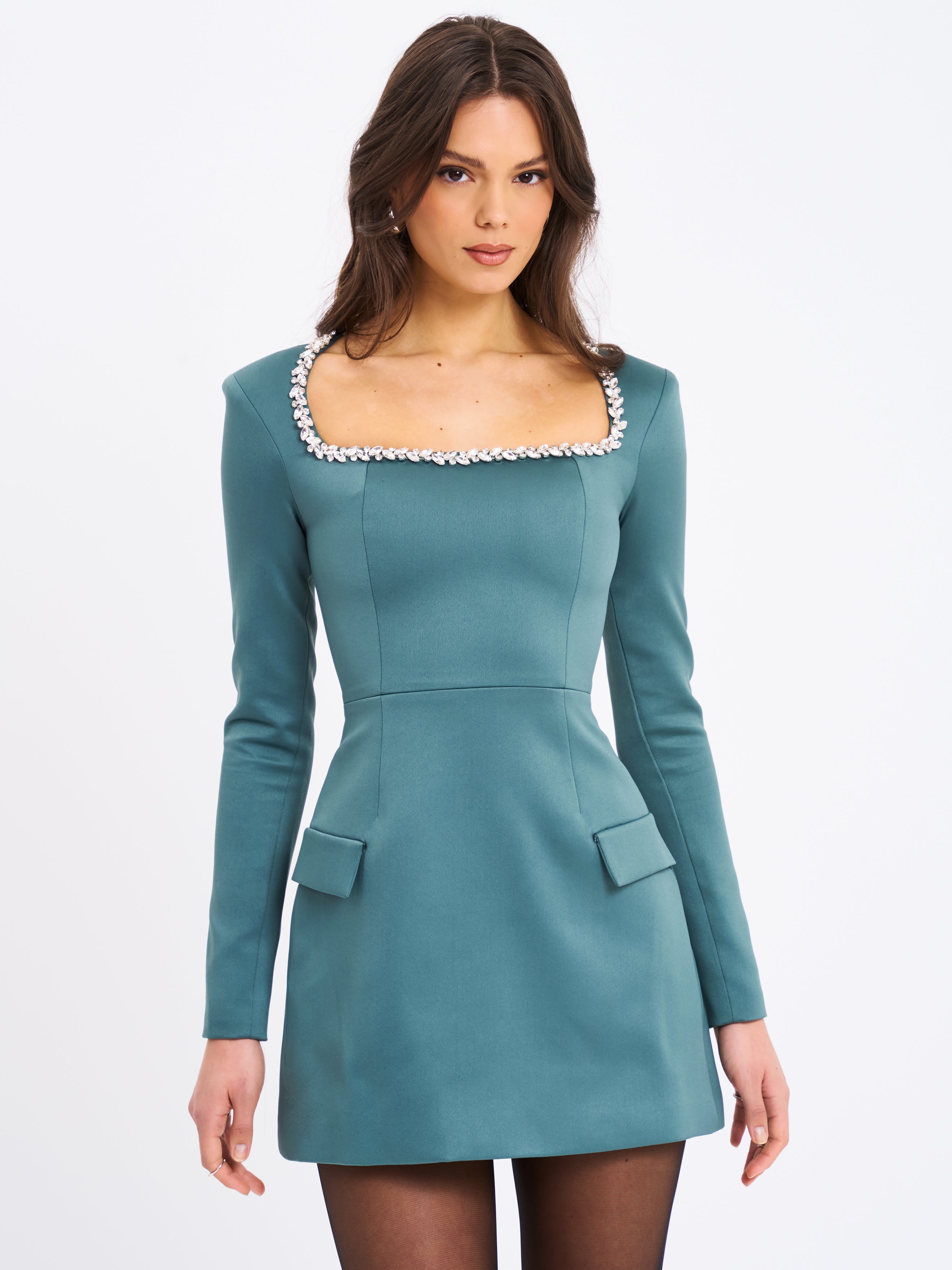 Gabella Dark Green Long Sleeve A-line Mini Dress with Crystal Trim (Archive Sale)
