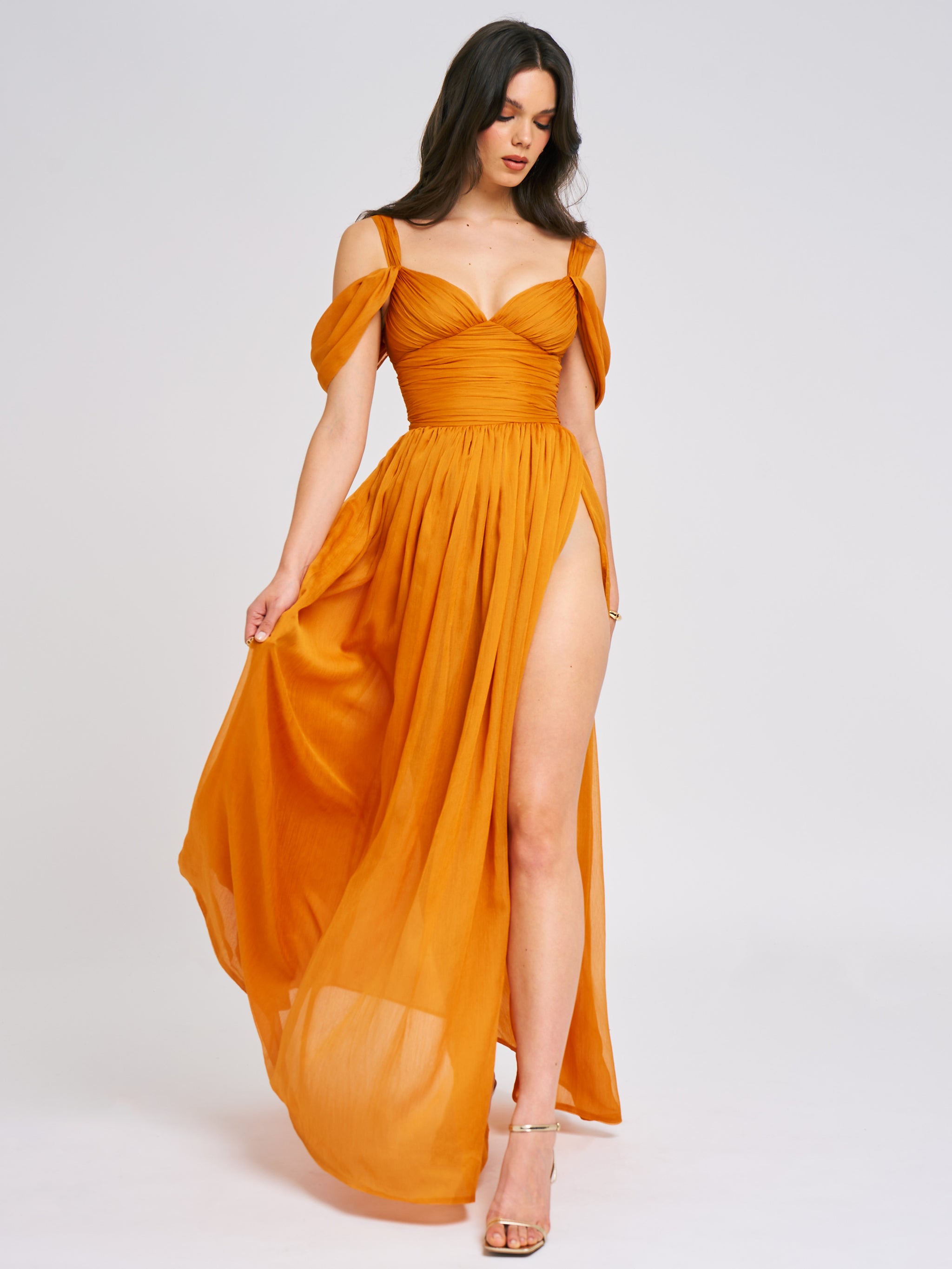 jayne tiered slit maxi dress Jelani Layered Mesh High-Slit Drape Maxi Dress