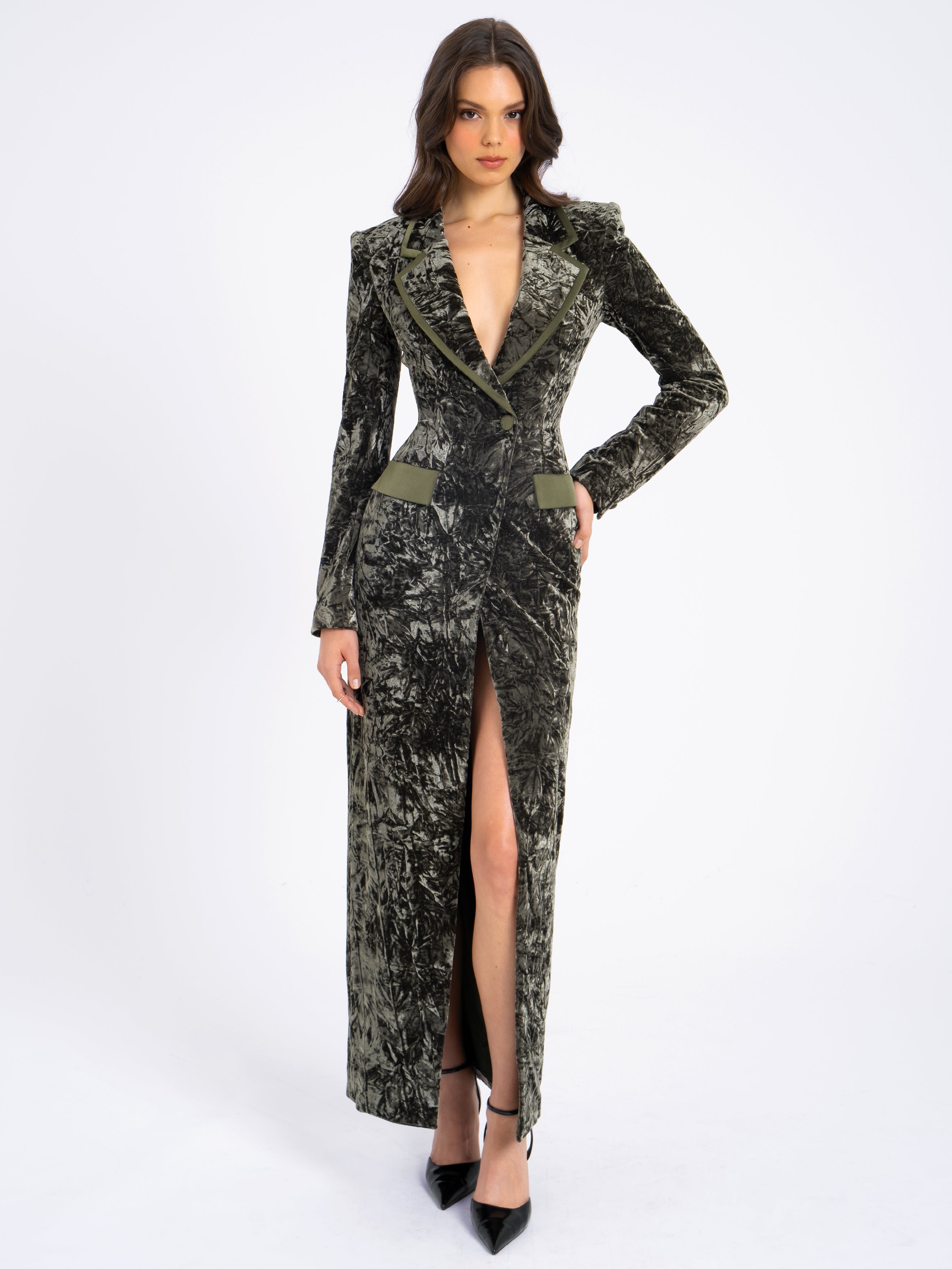 Willow Green Glossy Velvet High Slit Blazer Gown (Archive Sale)