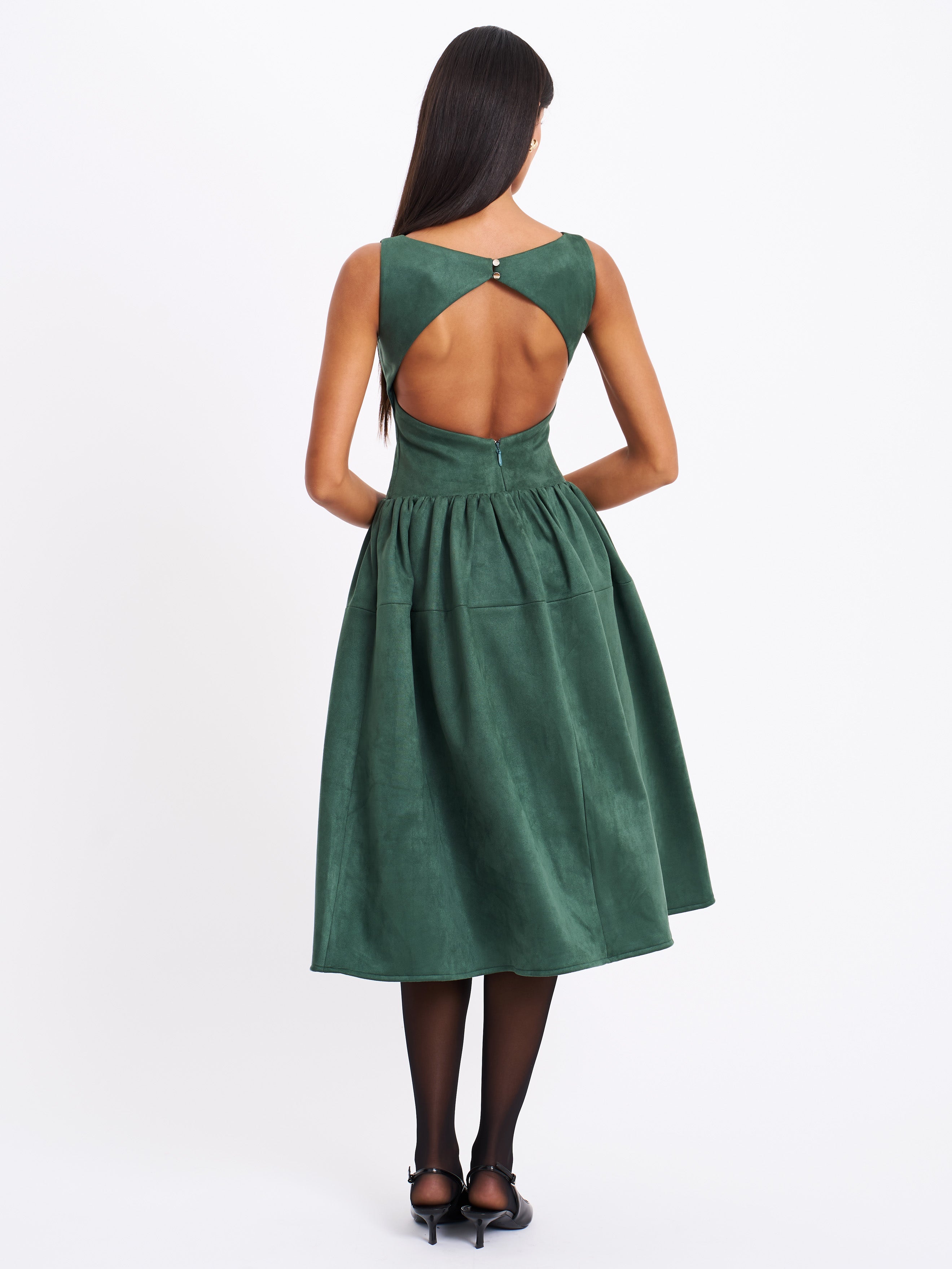 Laila Green Suede Boat Neck Backless Midi Dress