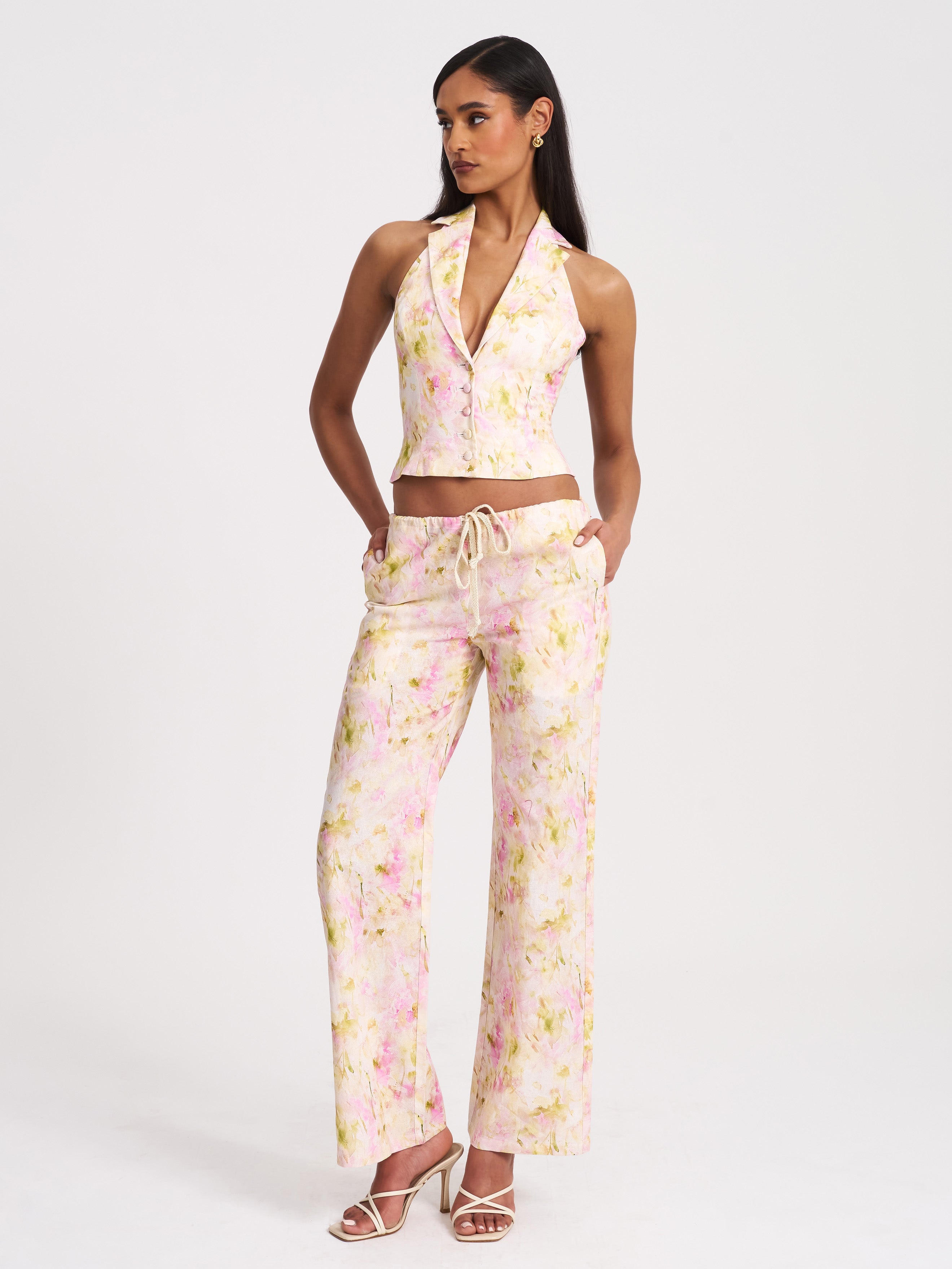 Laureen Pink Floral Print Linen Straight Pants