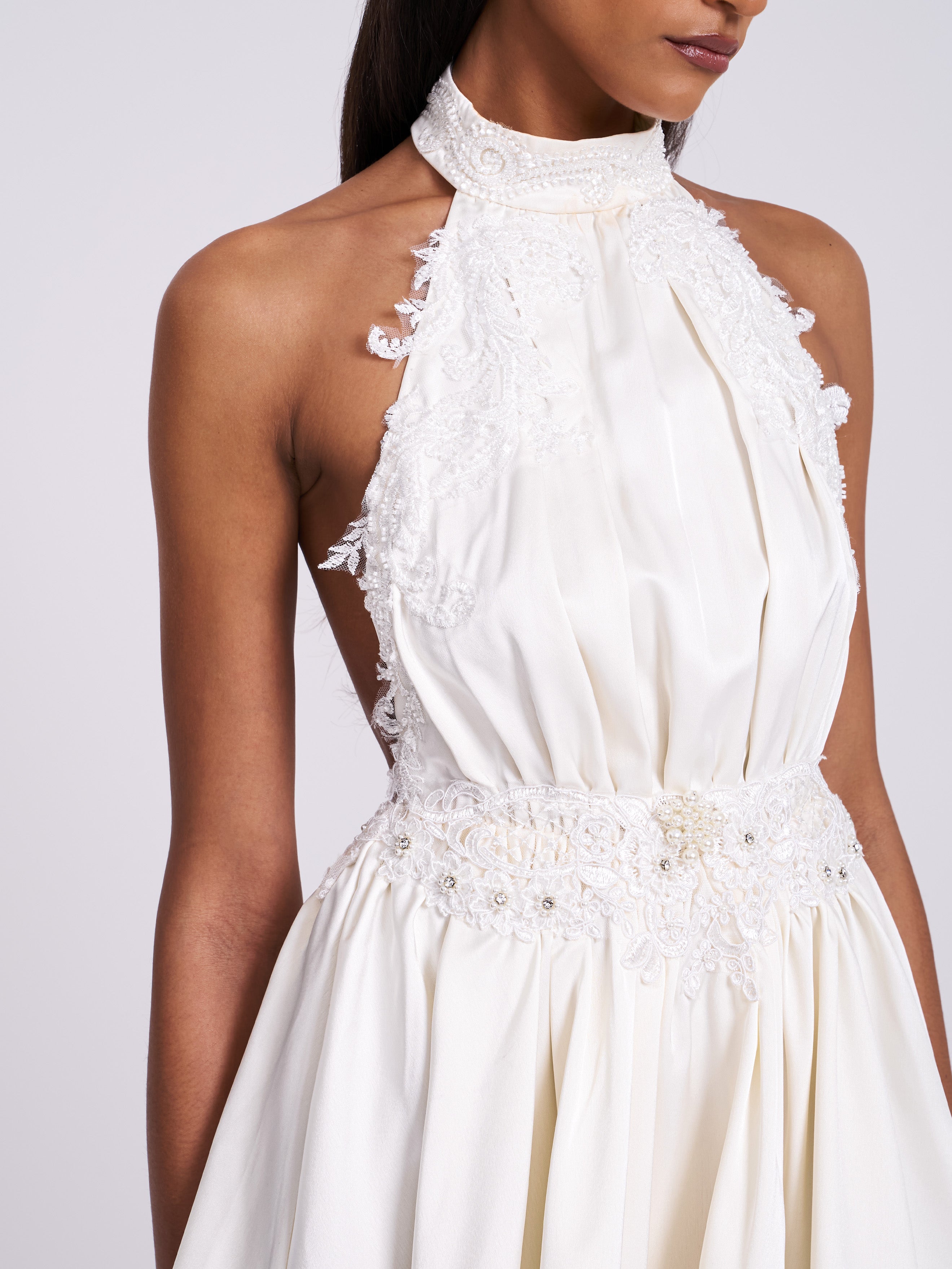 Idalia Pearl White Beaded Lace Trim Backless Halter Mini Dress