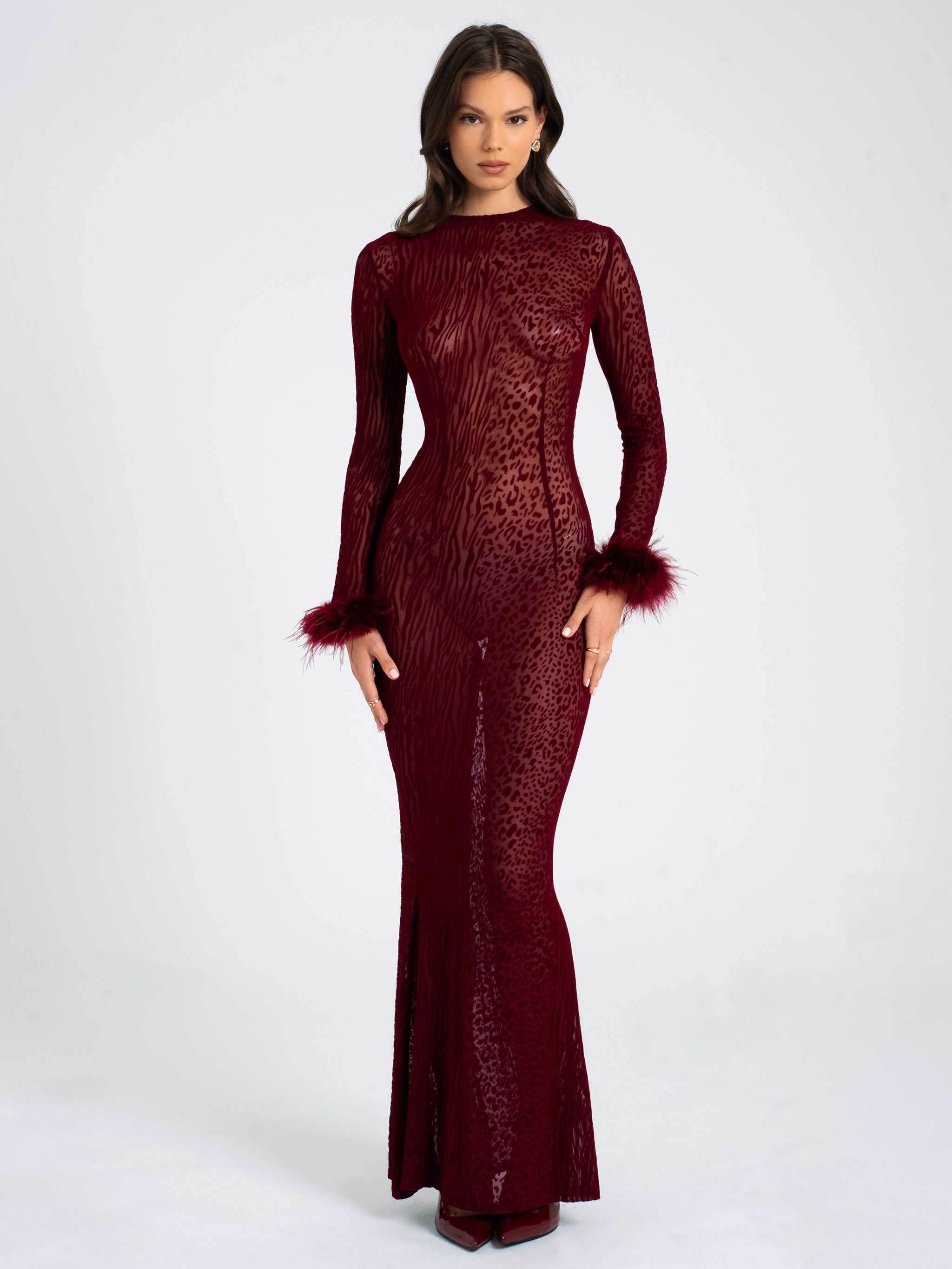 Miss Circle Women Patricia Burgundy Leopard Burnout Velvet Mesh Backless Maxi Dress Miss Circle Women Patricia Burgundy Leopard Burnout Velvet Mesh Backless Maxi Dress