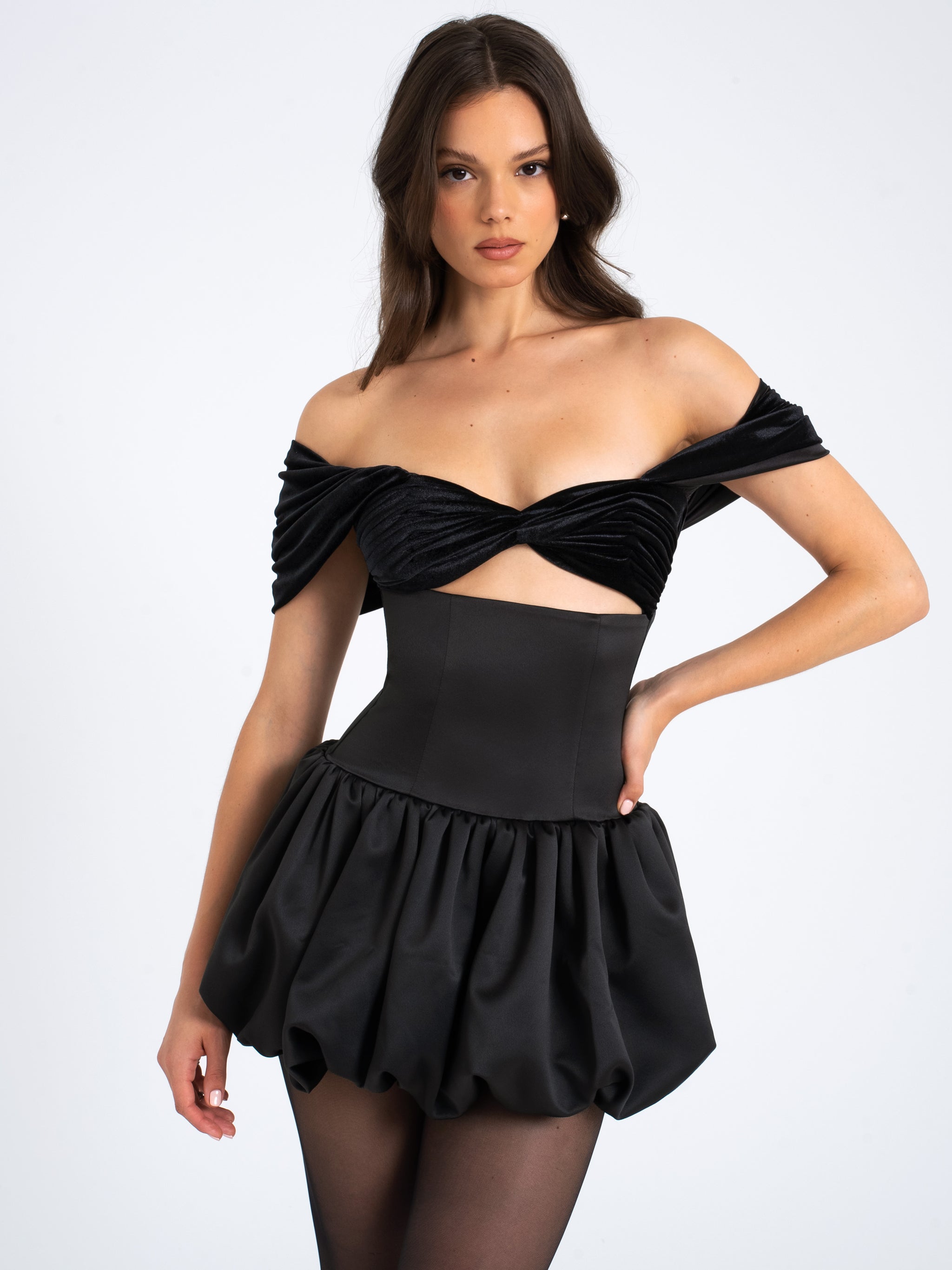 gabby mini dress Miss Circle Women Gabby Black Velvet Top Bubble Hem Mini Dress