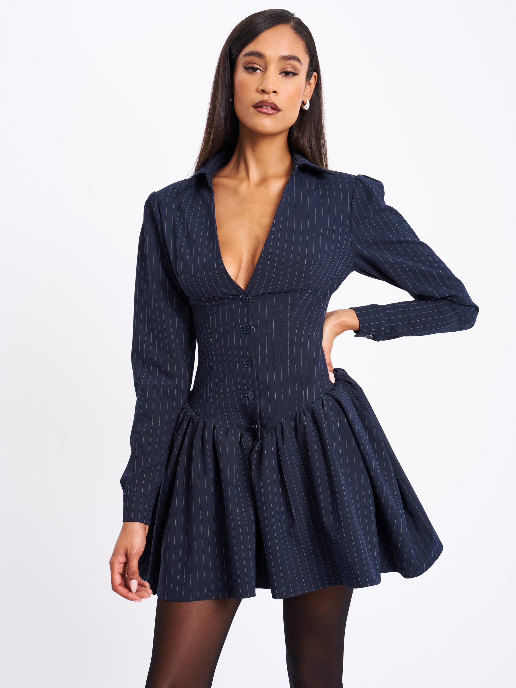 Miss Circle Women Xabrina Navyblue Pinstripe Long Sleeve Shirt Mini Dress
