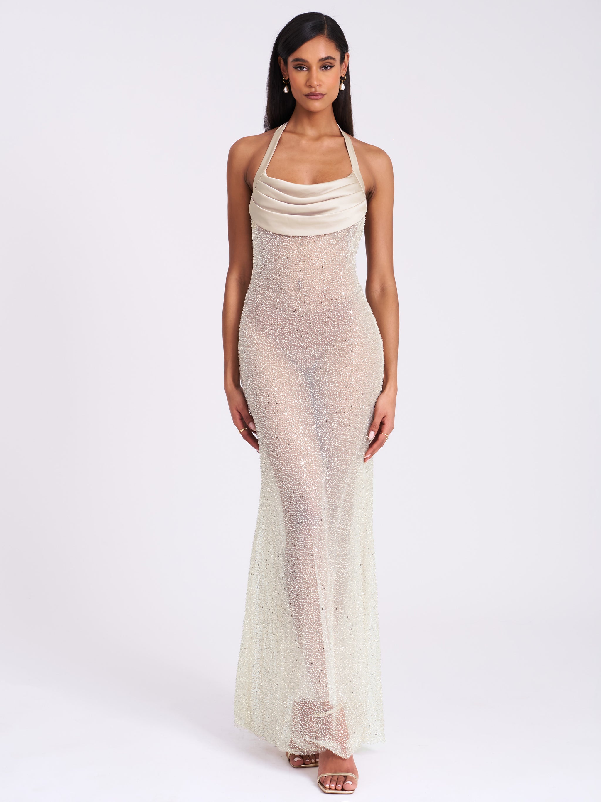 Miss Circle Women Zahya Lime Halter Backless Beaded Mesh Gown