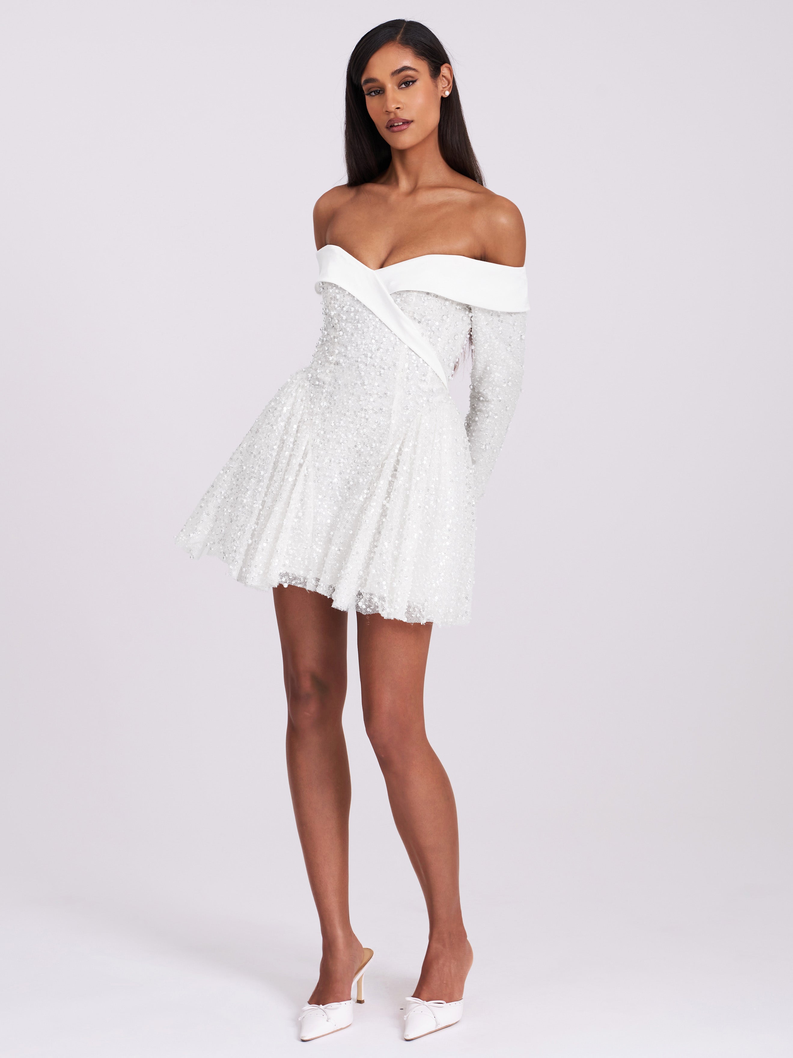 Kira Bead Embroidered Mesh Off Shoulder Long Sleeve Mini Dress