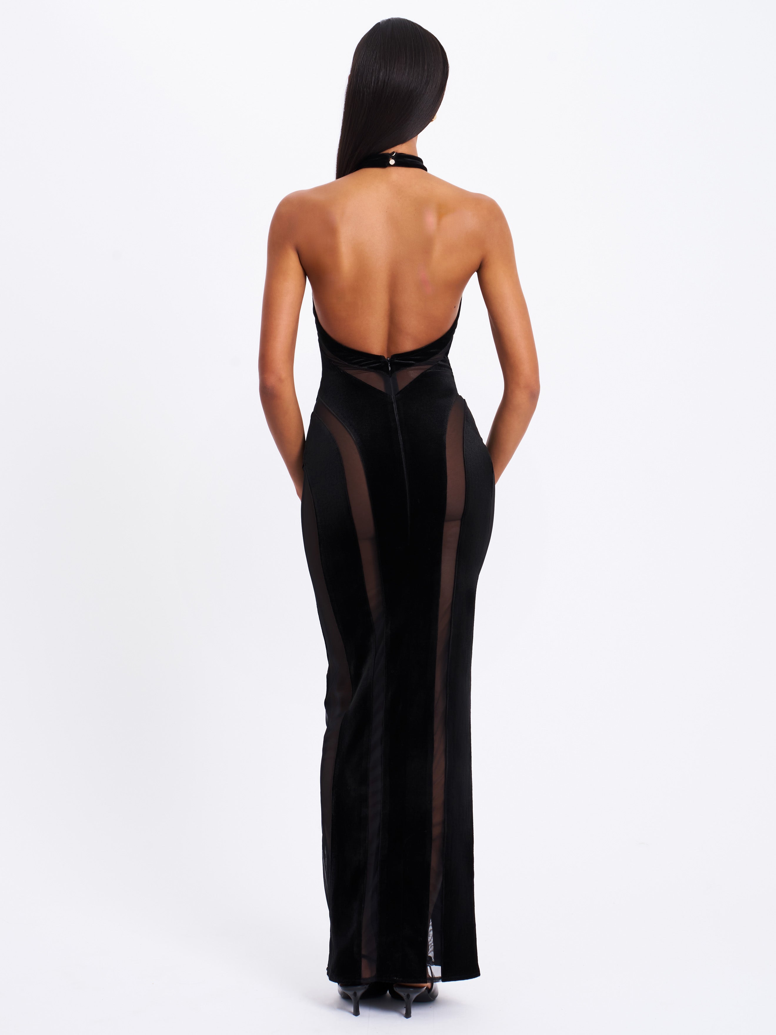 Paityn Black Velvet Mesh Cutout Halter Gown