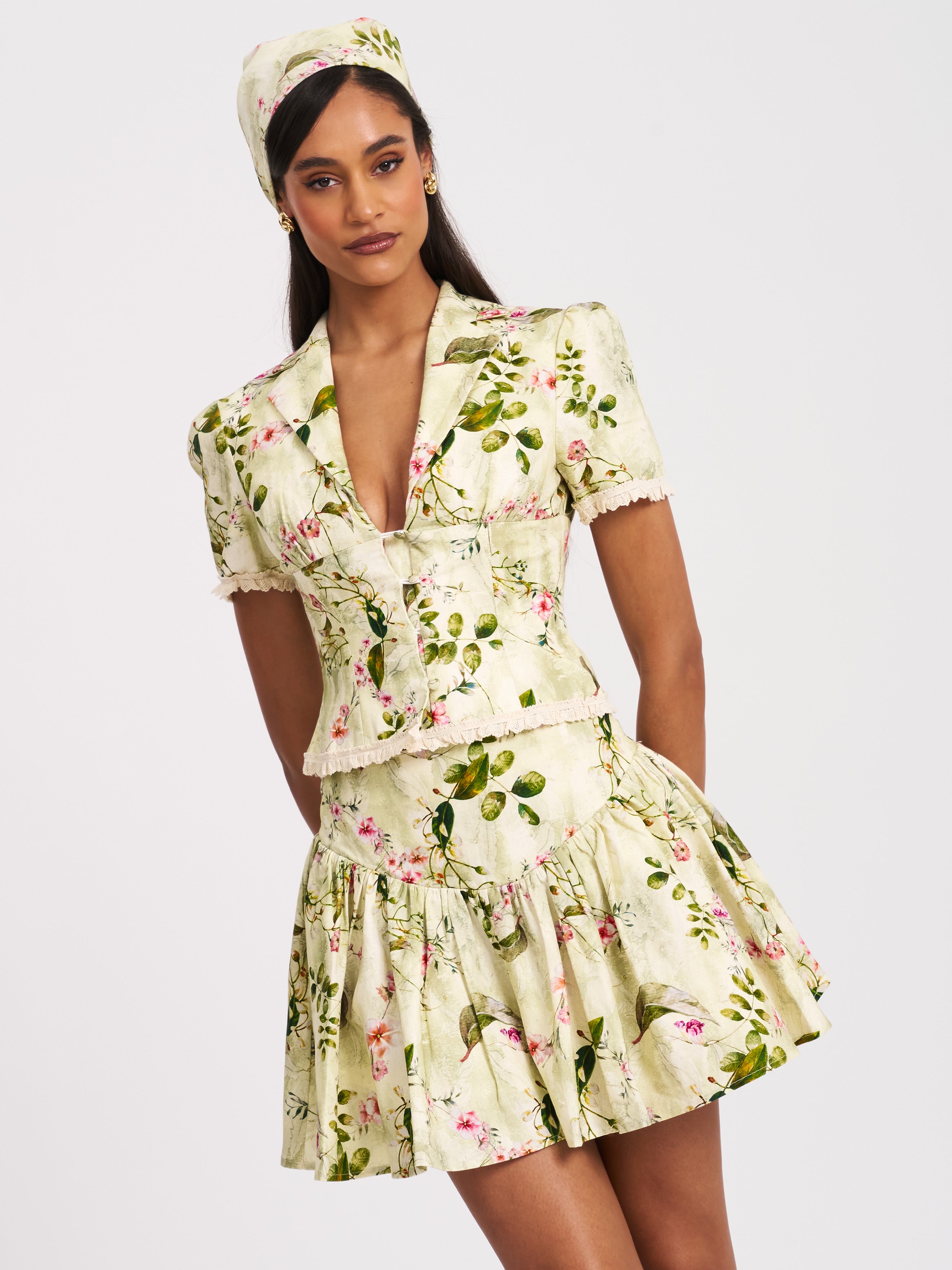 Zanelle Green Floral Print Drop Waist Linen Full Skirt