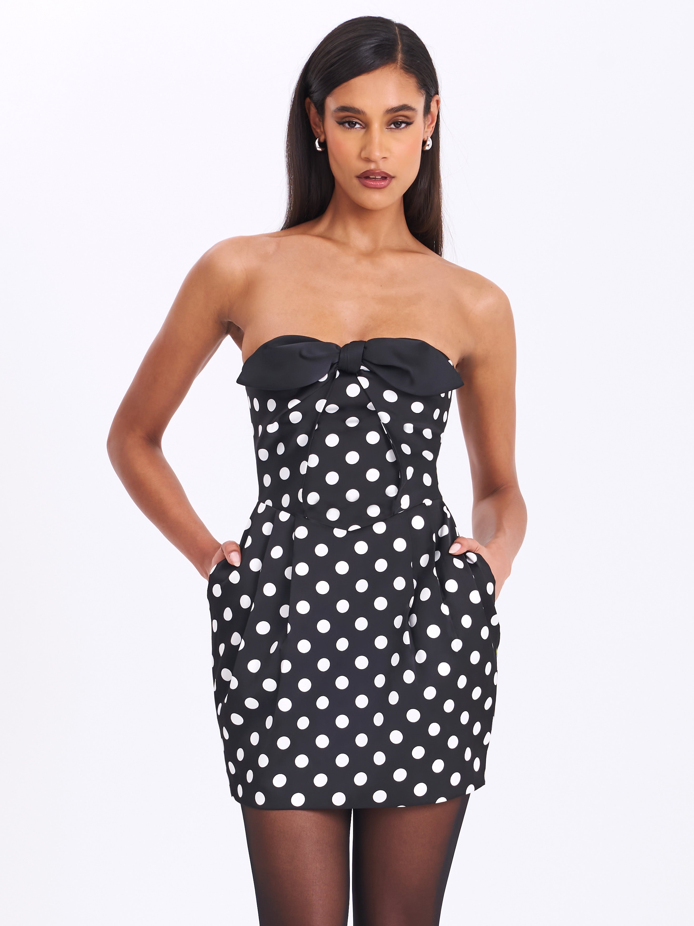 Tahira Black Polka Strapless Mini Dress with Bow (Archive Sale)