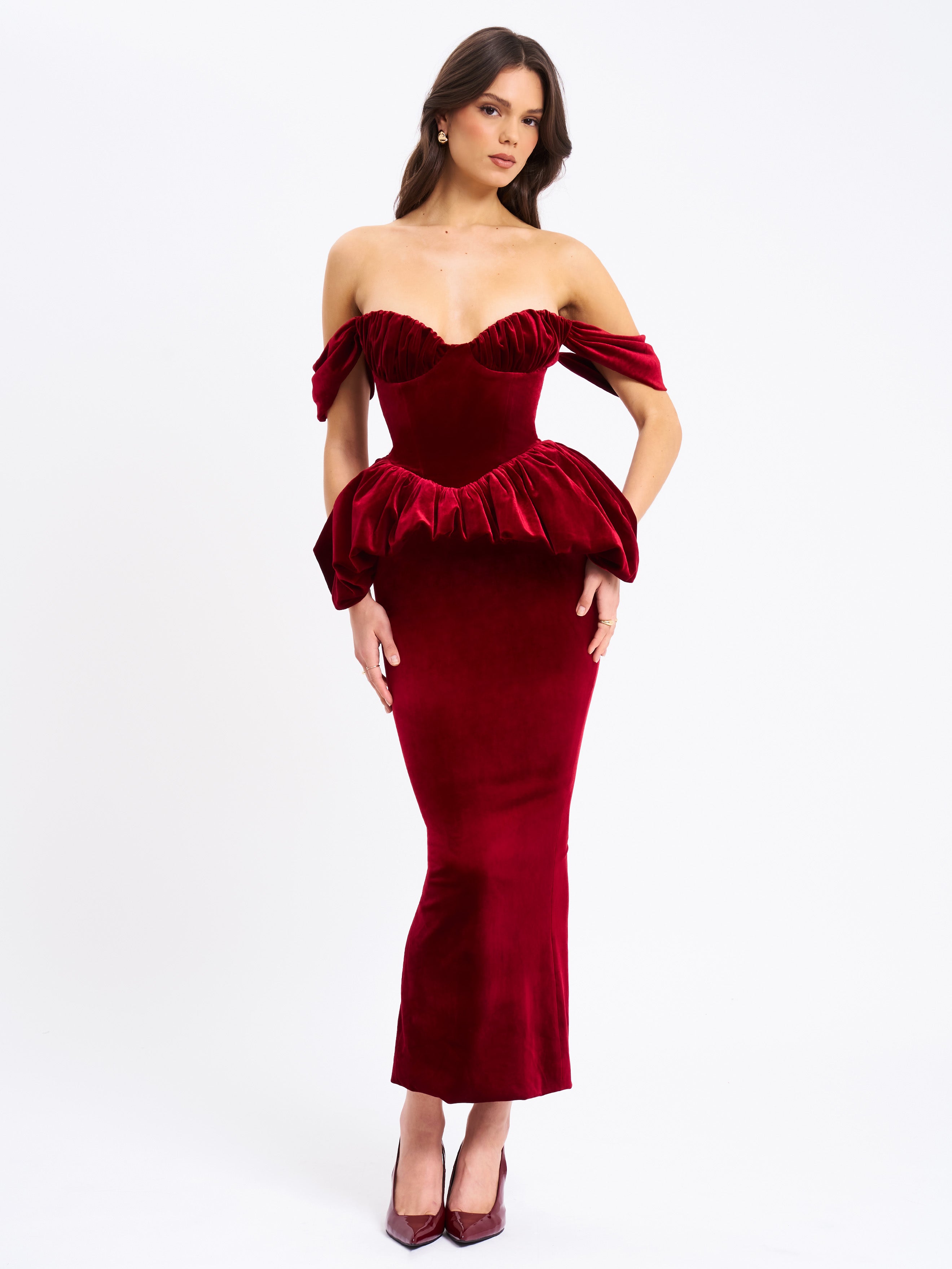 Abigail Velvet Off Shoulder Bubble Hem Peplum Maxi Dress (Archive Sale)