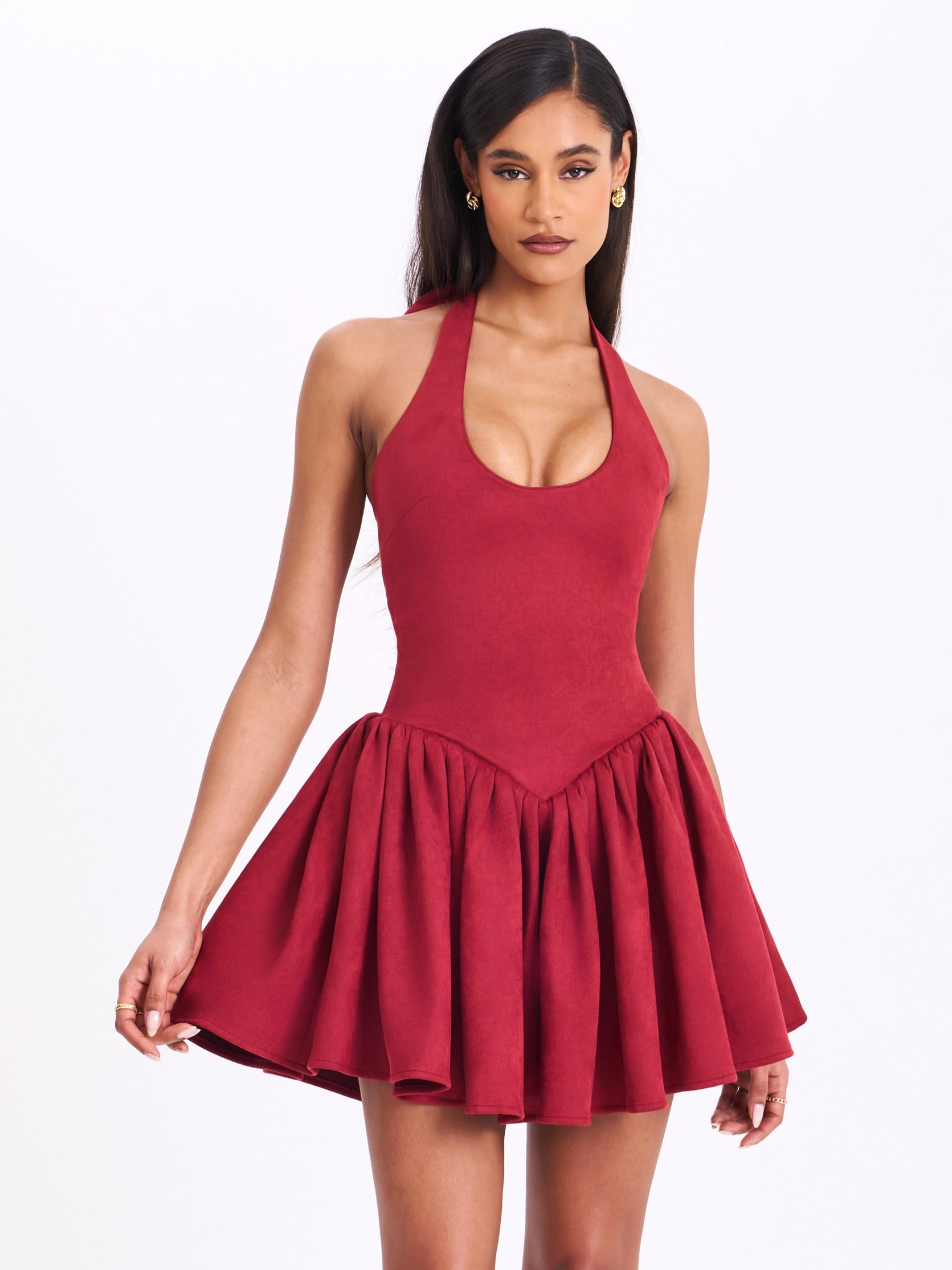 Hadara Burgundy Suede Halter Mini Full Dress Hadara Burgundy Suede Halter Mini Full Dress