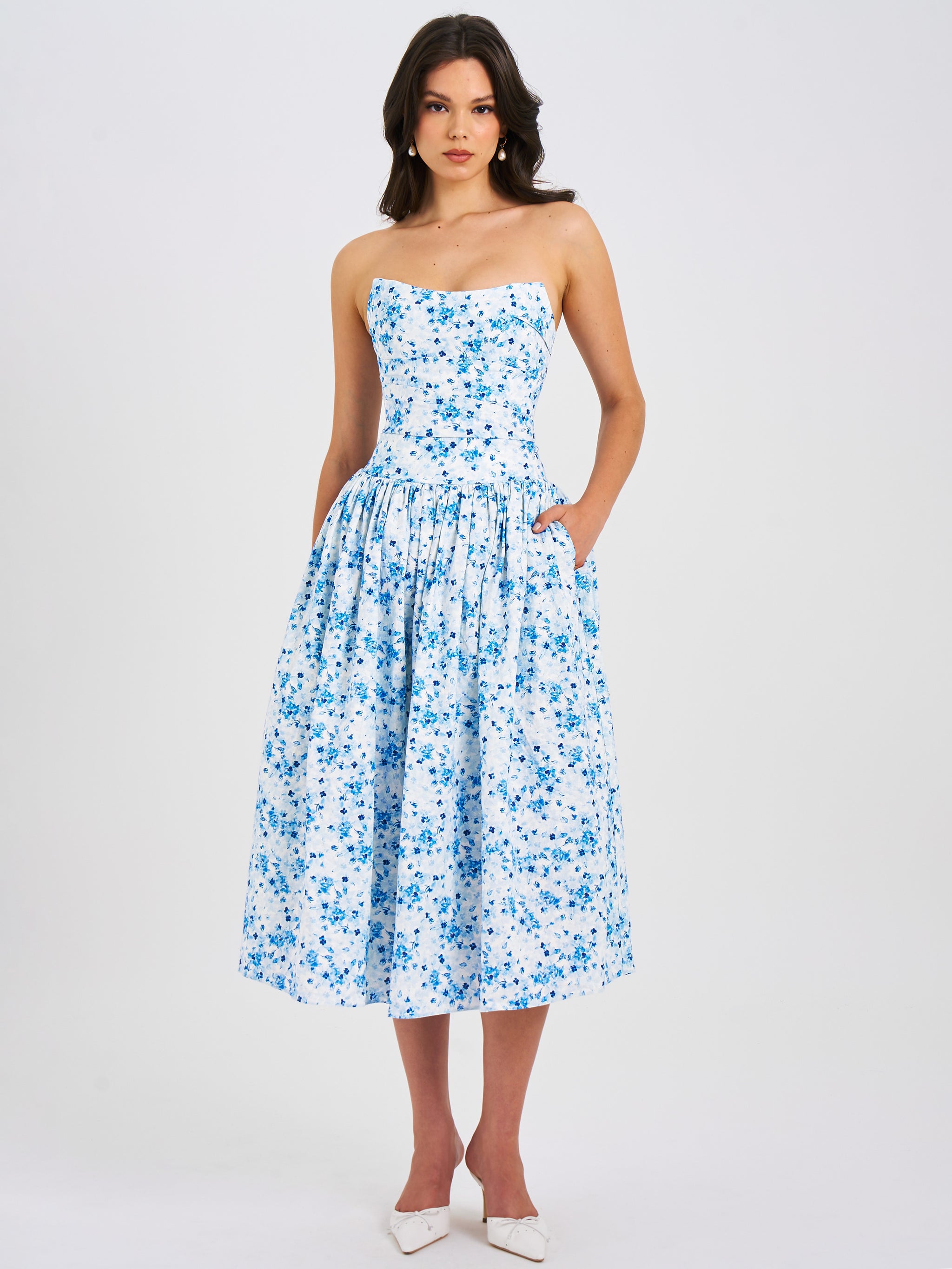 Miss Circle Paloma Blue Print Linen Corset Draping Top Midi Dress XS Miss Circle Paloma Blue Print Linen Corset Draping Top Midi Dress XS