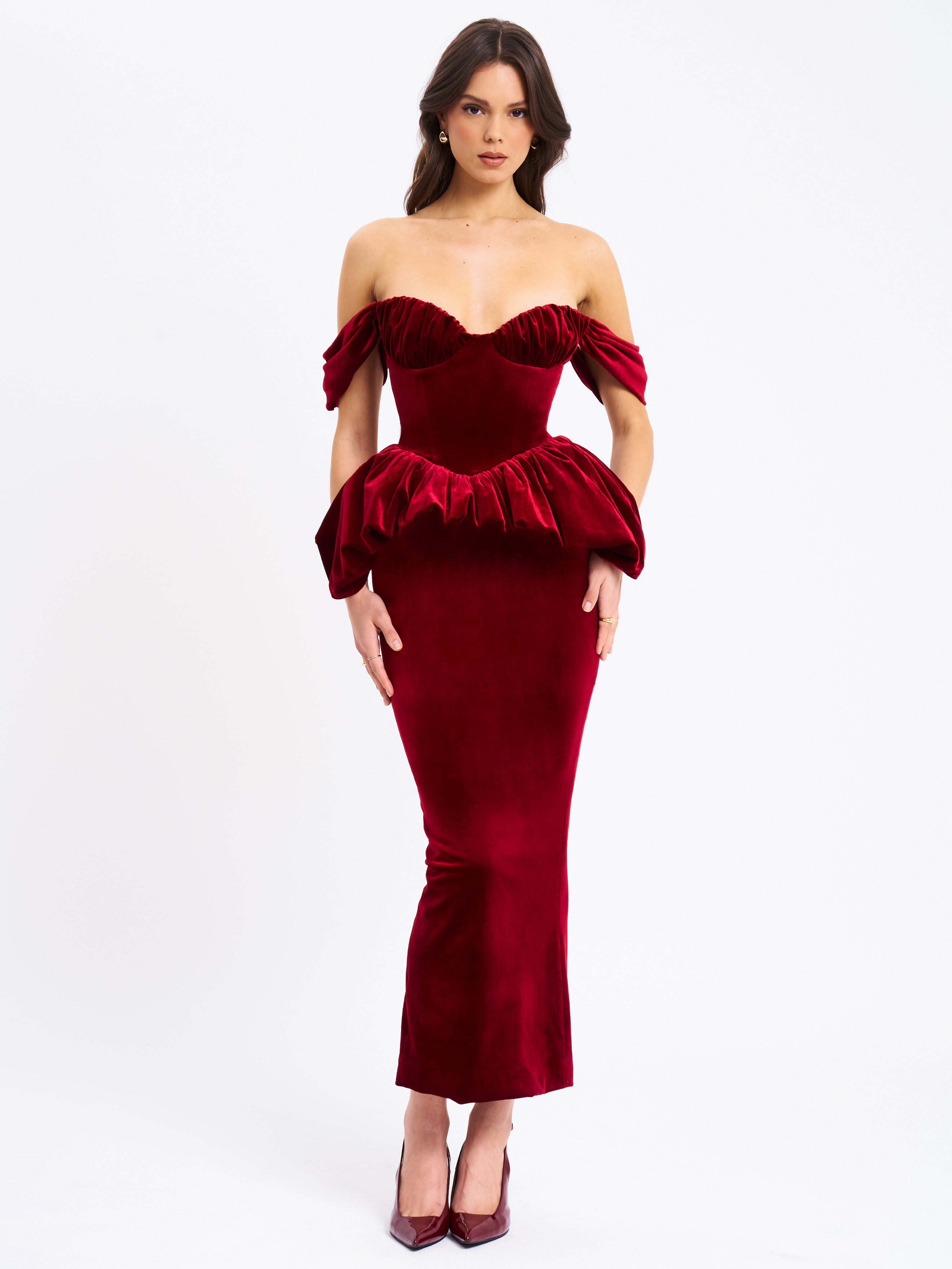 Abigail Velvet Off Shoulder Bubble Hem Peplum Maxi Dress (Archive Sale)