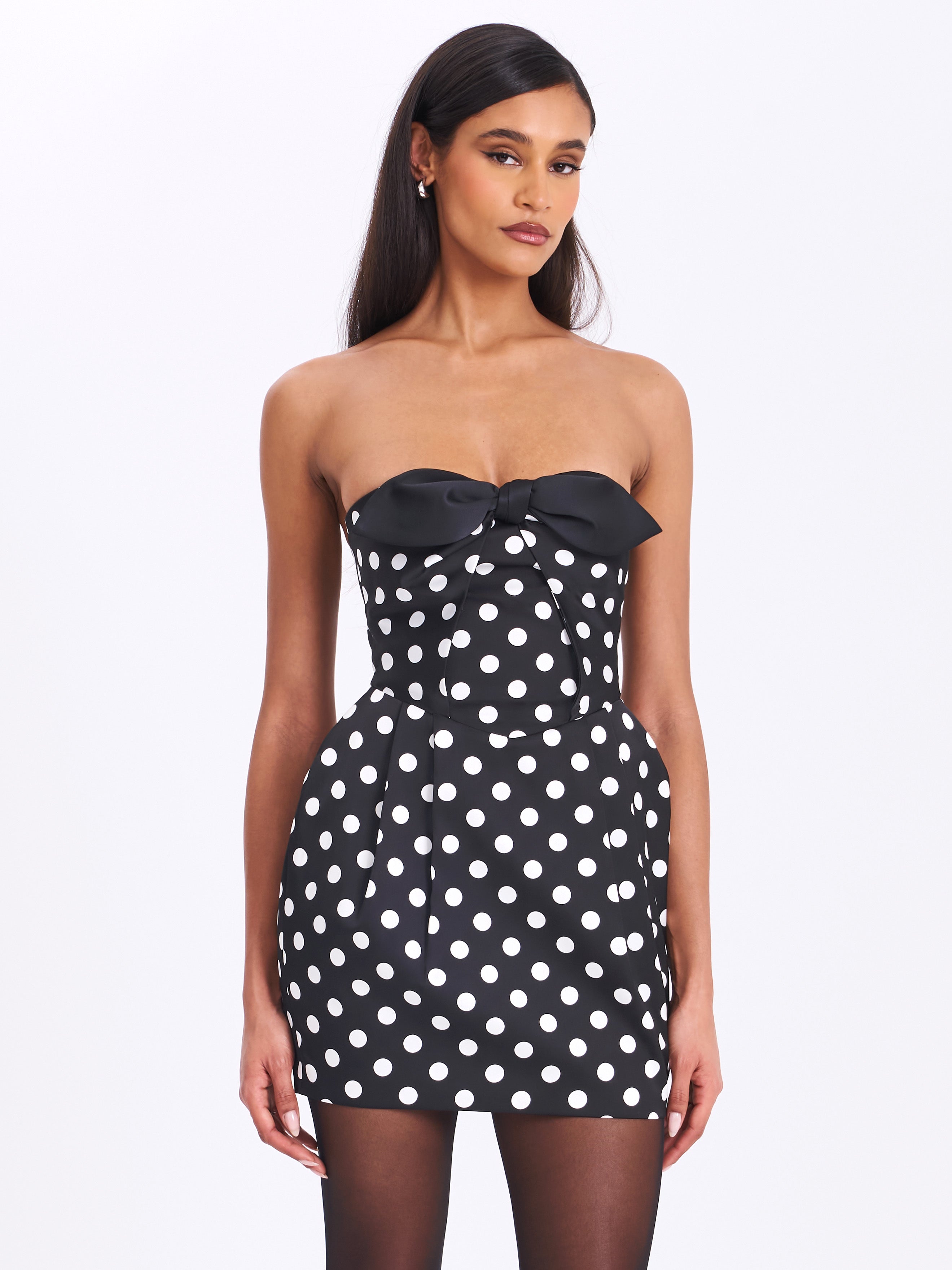 Tahira Black Polka Strapless Mini Dress with Bow (Archive Sale)