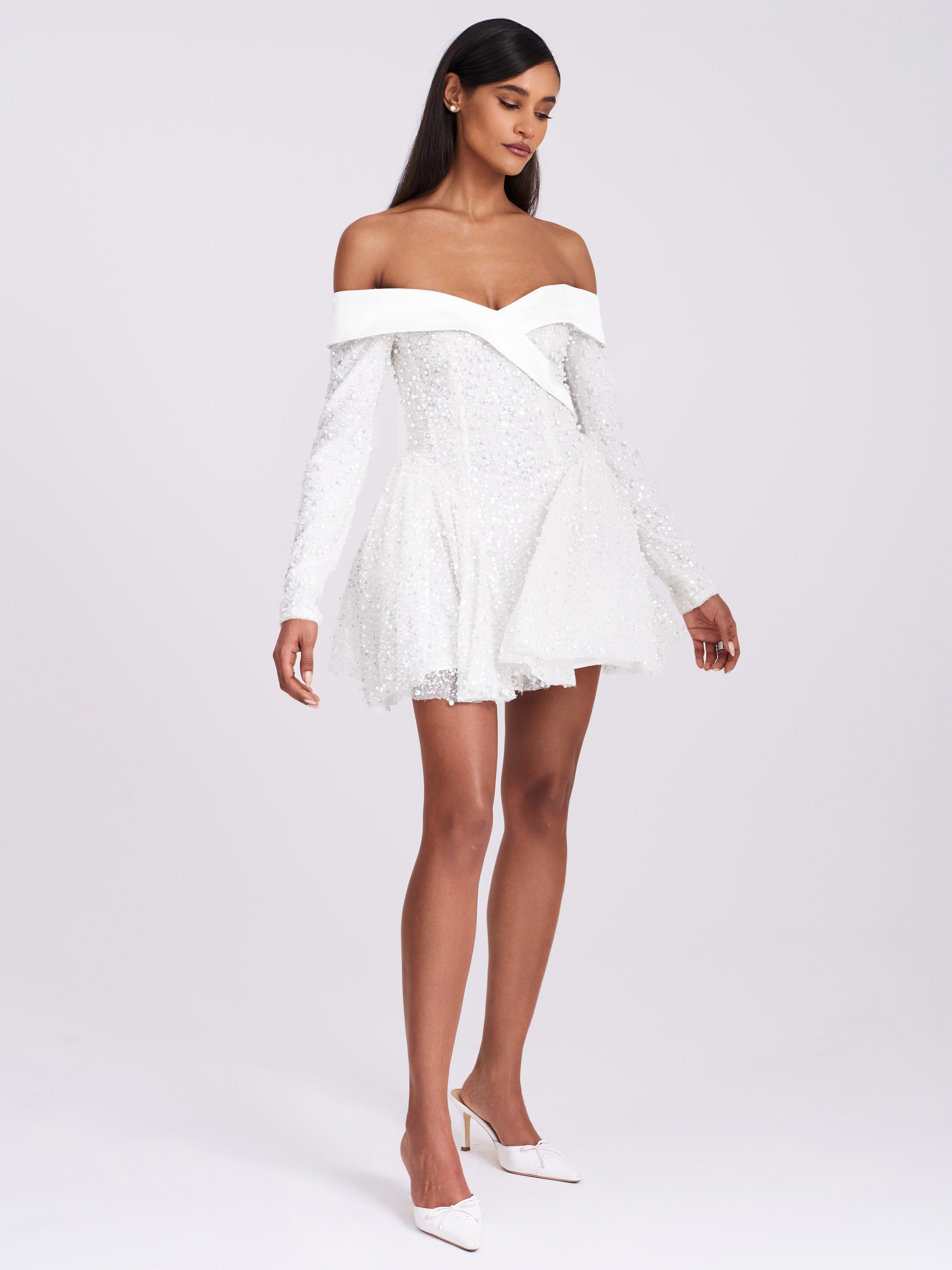 Kira Bead Embroidered Mesh Off Shoulder Long Sleeve Mini Dress