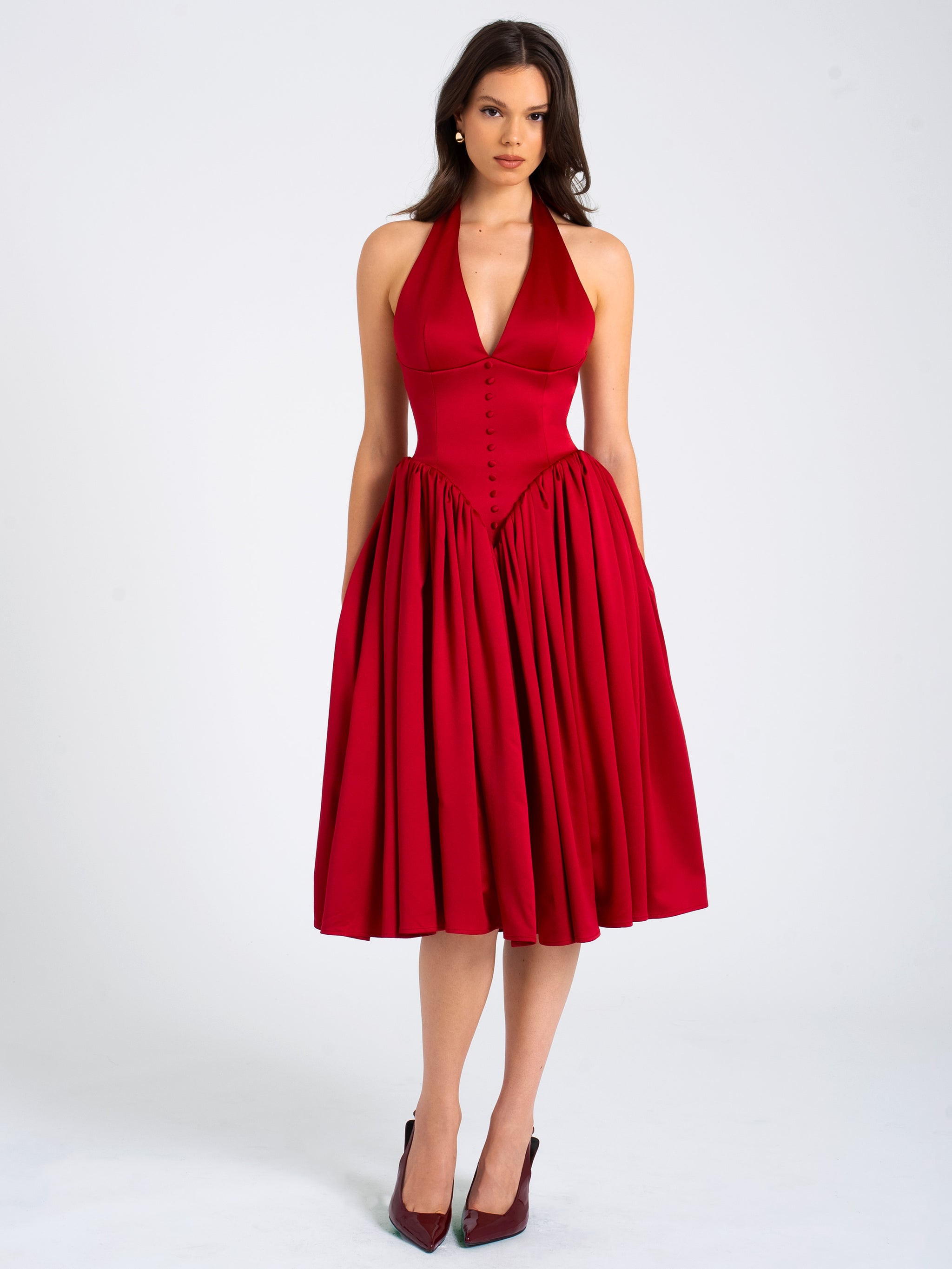 Miss Circle Women's Cara Red Plunging Halter Backless Maxi Dress - Red Miss Circle Women's Cara Red Plunging Halter Backless Maxi Dress - Red