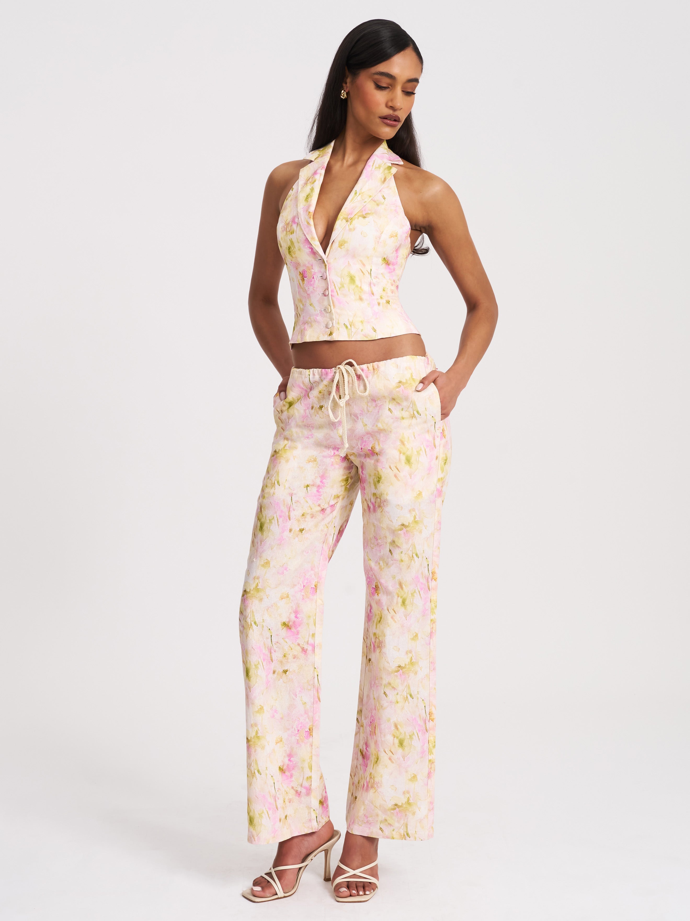 Laureen Pink Floral Print Linen Straight Pants