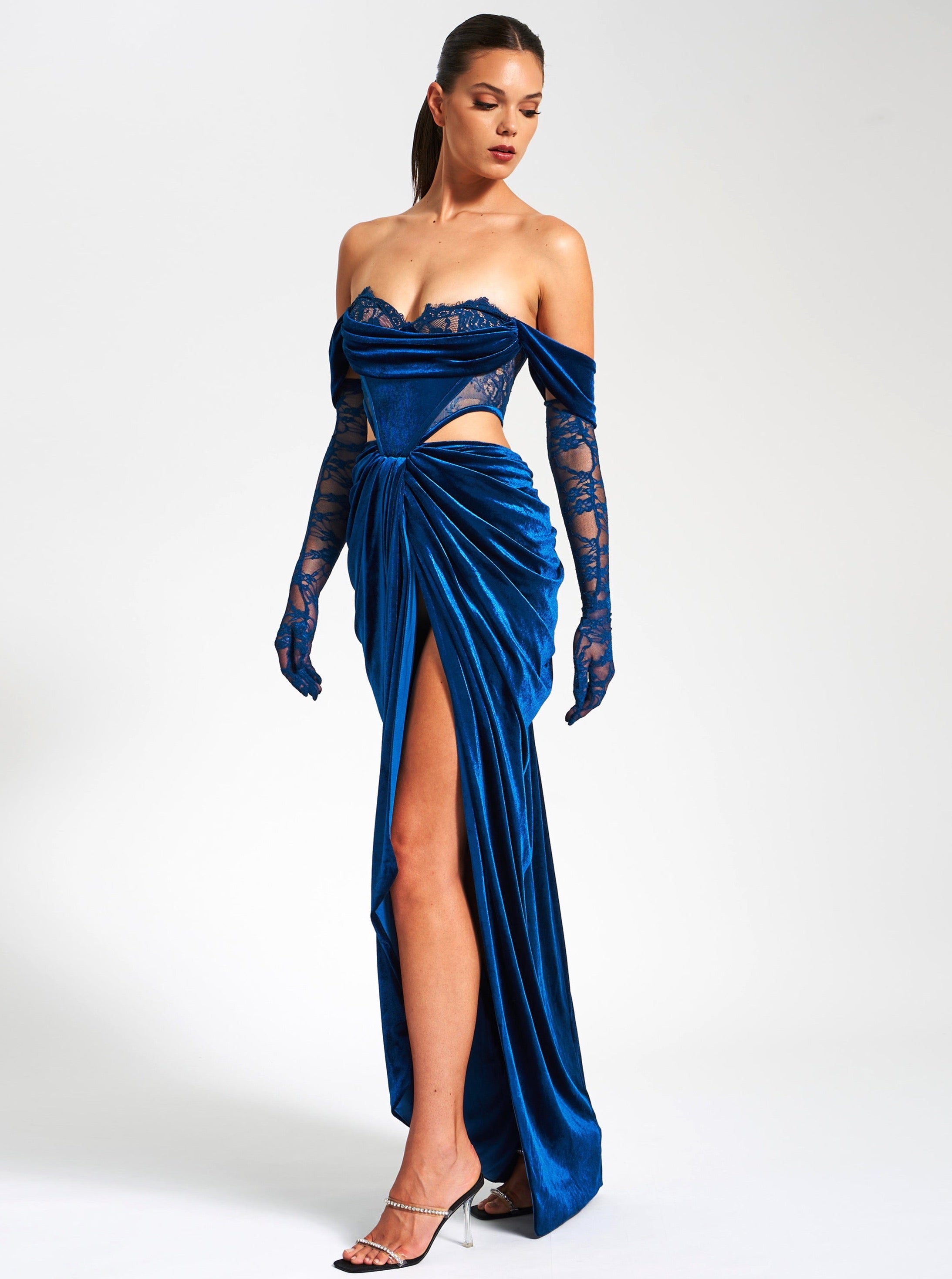 Quintessa Teal Lace Velvet Corset Off Shoulder Gown (Archive Sale)