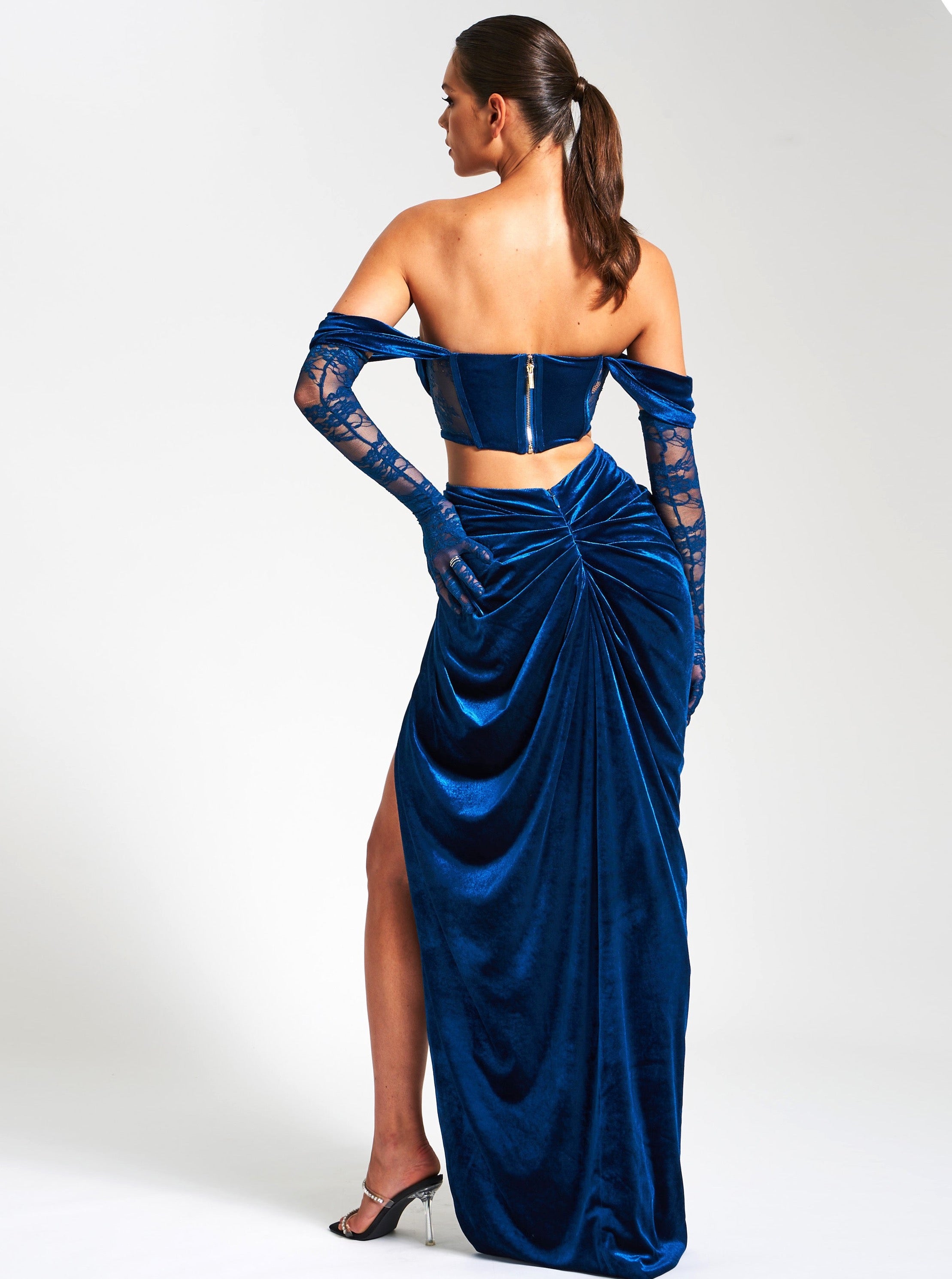 Quintessa Teal Lace Velvet Corset Off Shoulder Gown (Archive Sale)