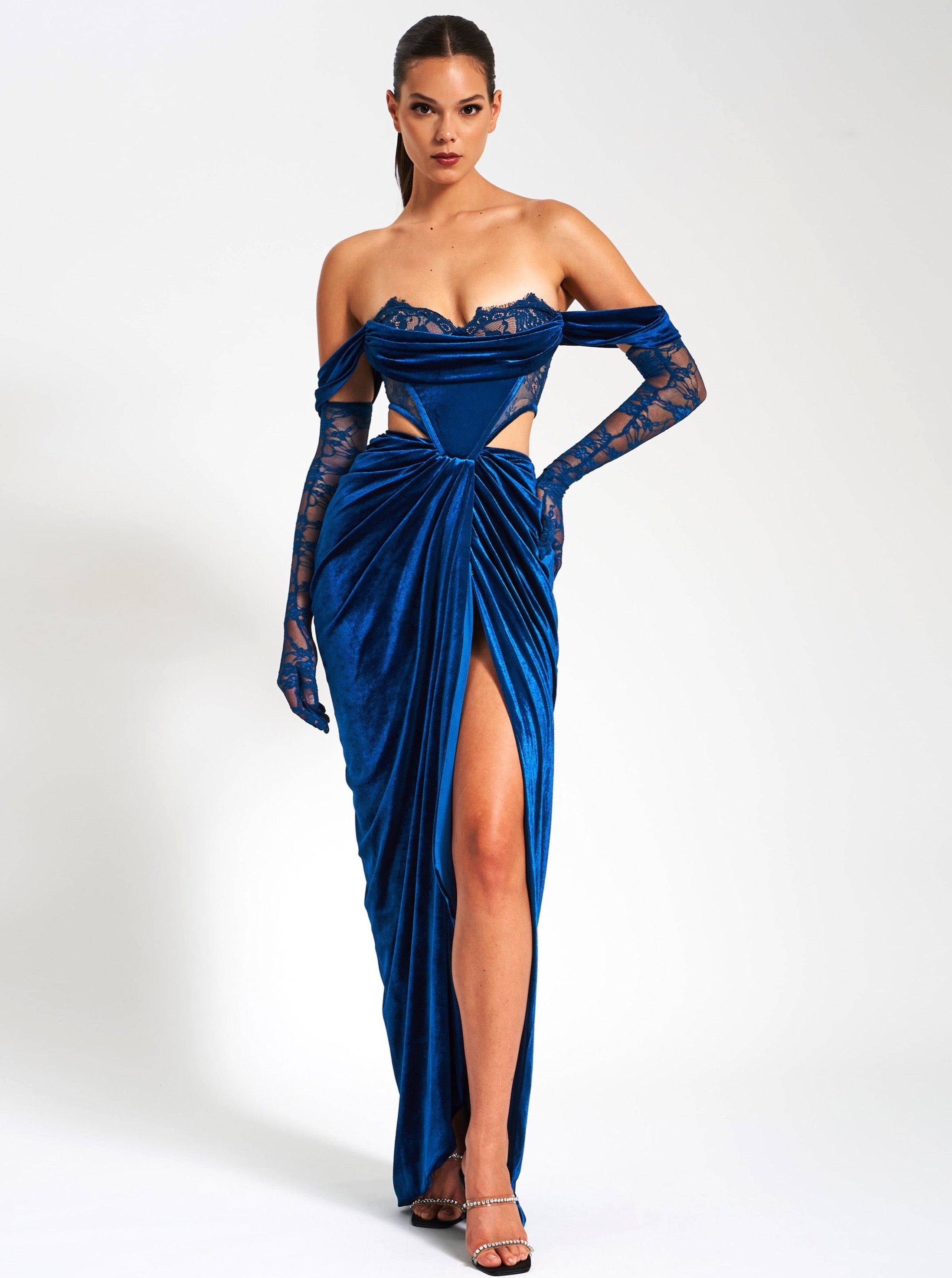 Quintessa Teal Lace Velvet Corset Off Shoulder Gown (Archive Sale)