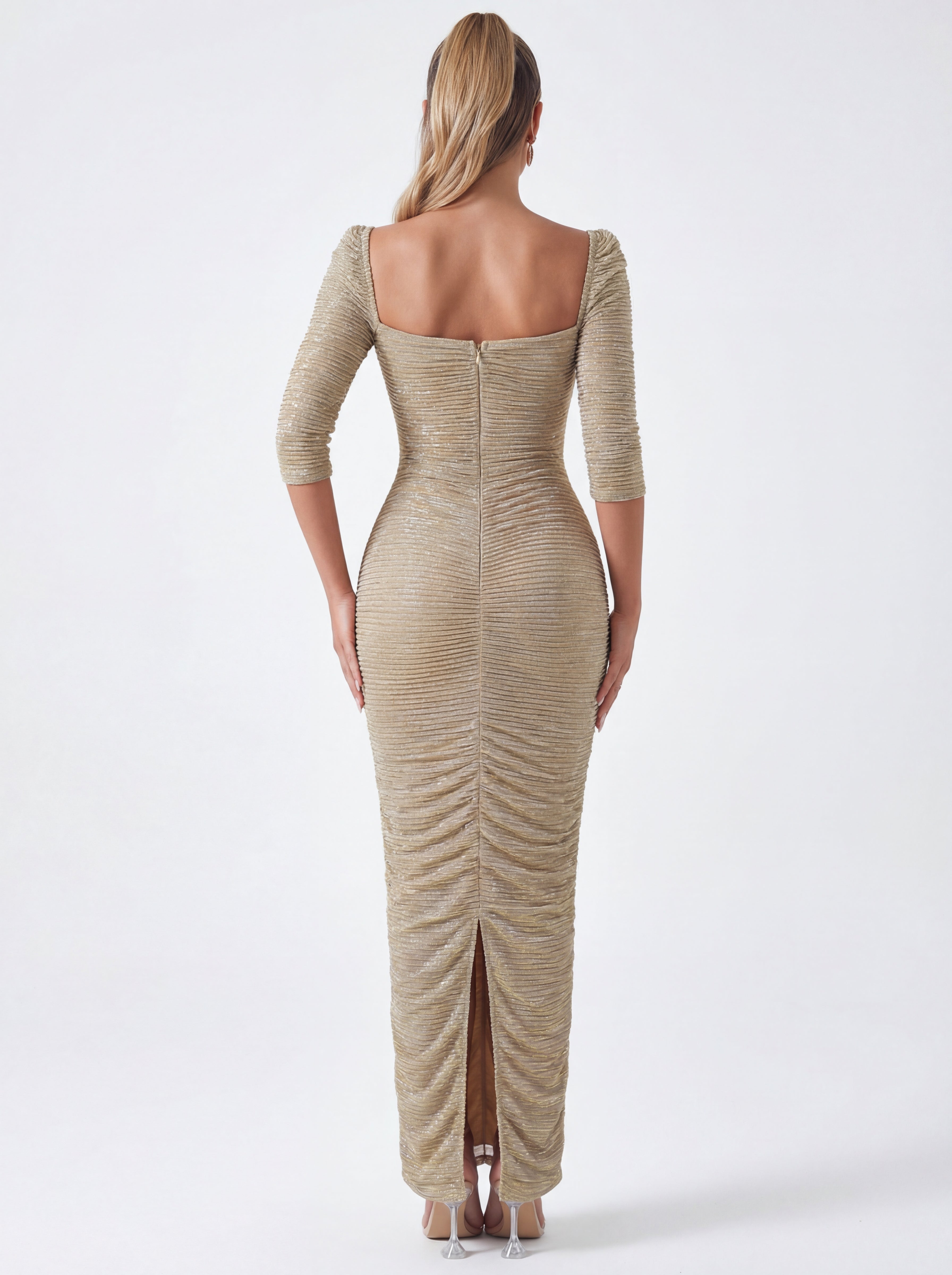 Sorrel Gold Ruched Chiffon Long Maxi Dress