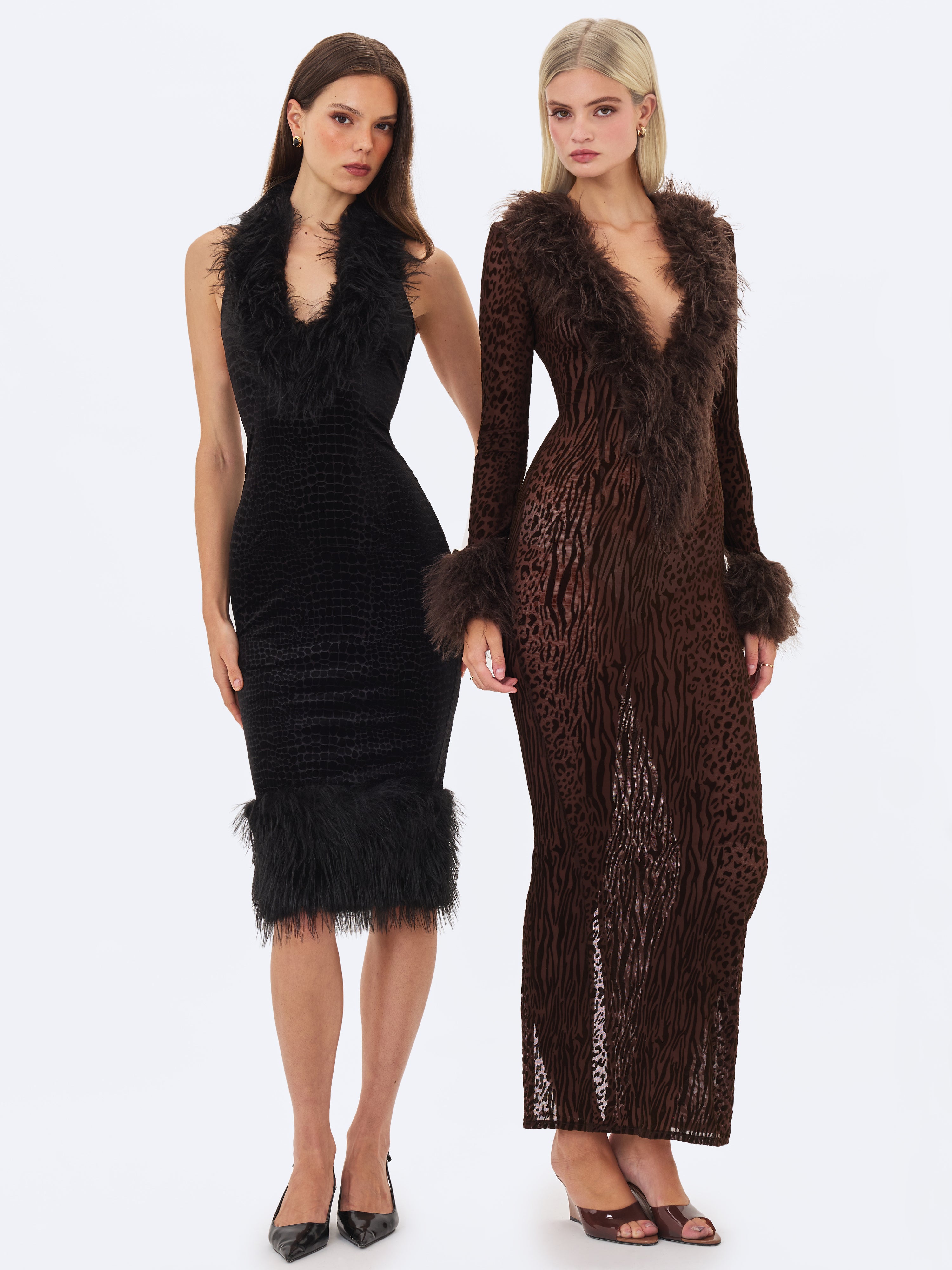 Onalee Black Croc-Embossed Velvet Fur Midi Dress