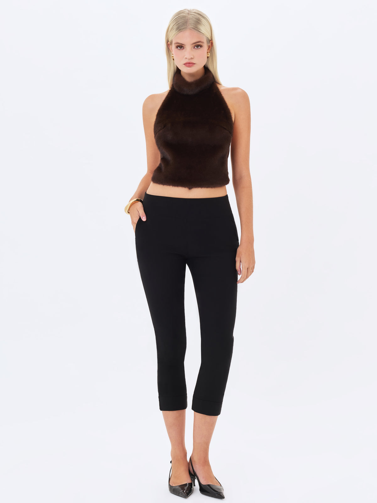 Xeriah Espresso Faux Mink Fur Backless Halter Top