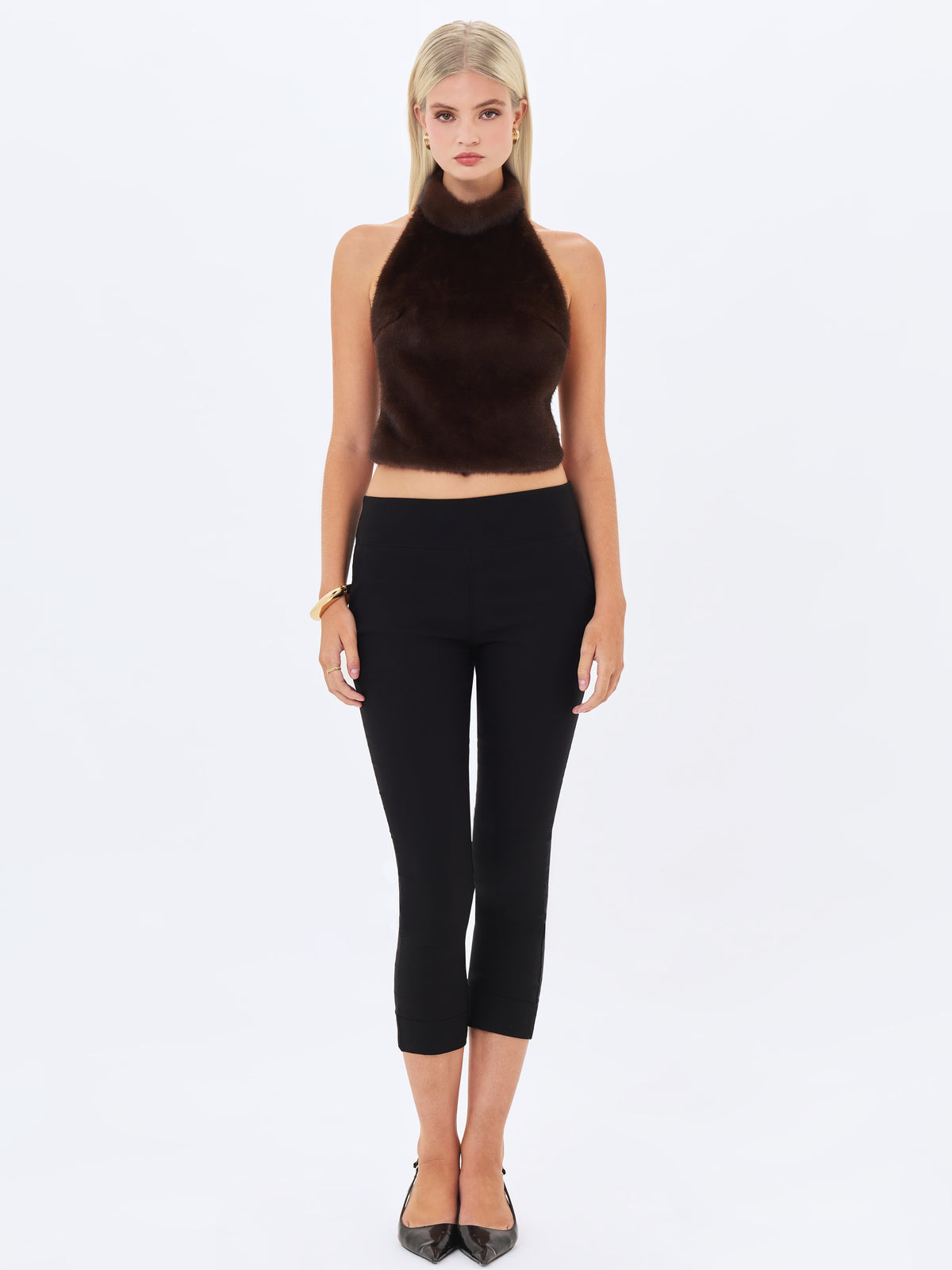 Xeriah Espresso Faux Mink Fur Backless Halter Top
