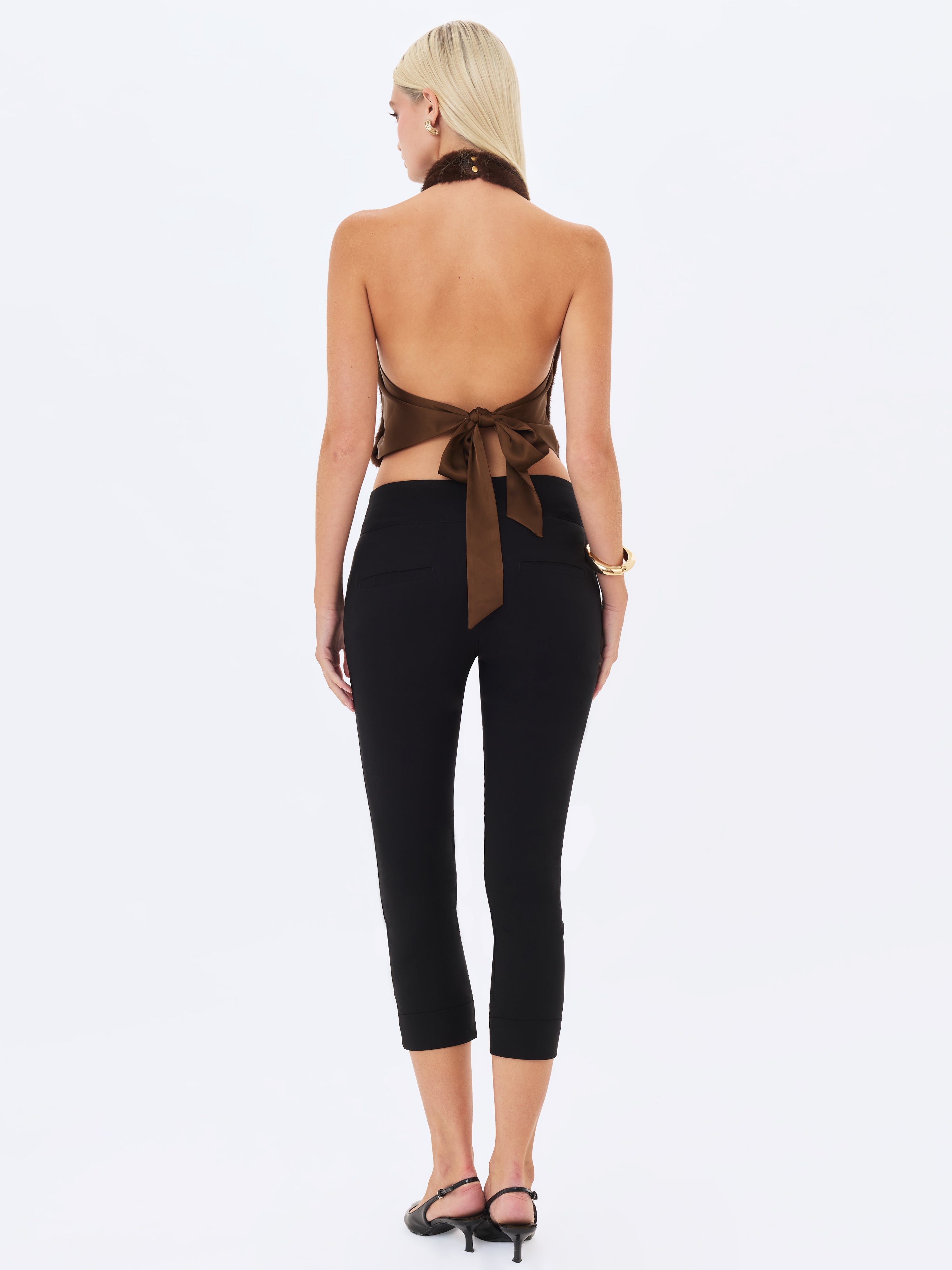 Xeriah Espresso Faux Mink Fur Backless Halter Top