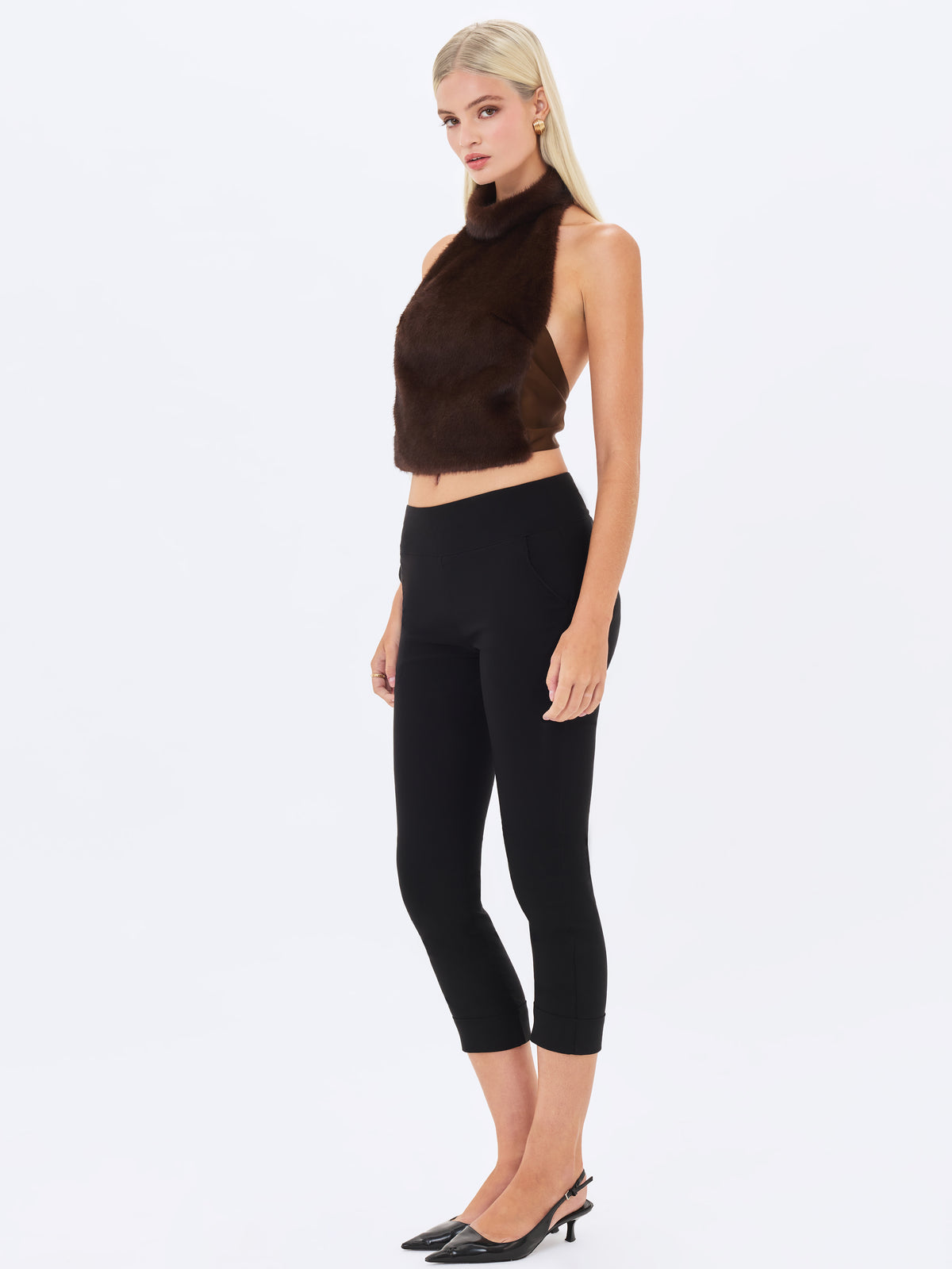 Xeriah Espresso Faux Mink Fur Backless Halter Top
