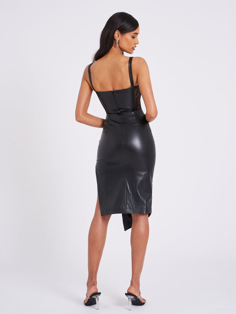 Betsy Black Corset Vegan Leather Dress With Lace Details