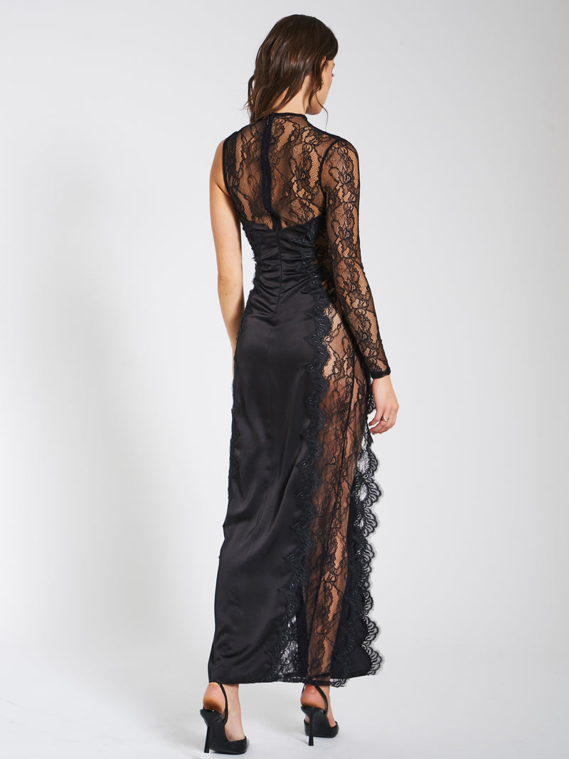 Weslyn Black Satin Lace High Slit Dress