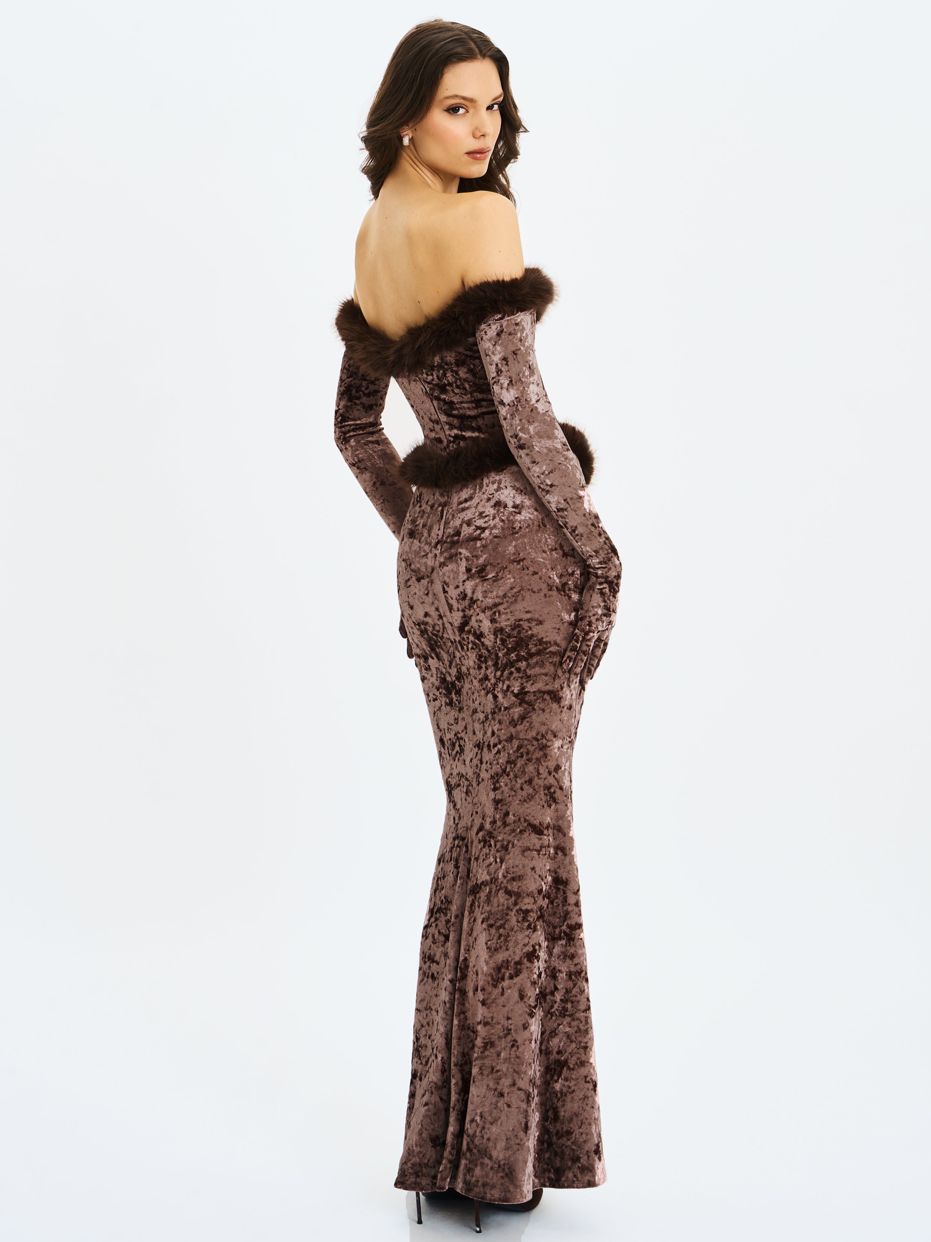 Tessa Coffee Sweetheart Bardot Faux Fur Velvet Mermaid Maxi Dress