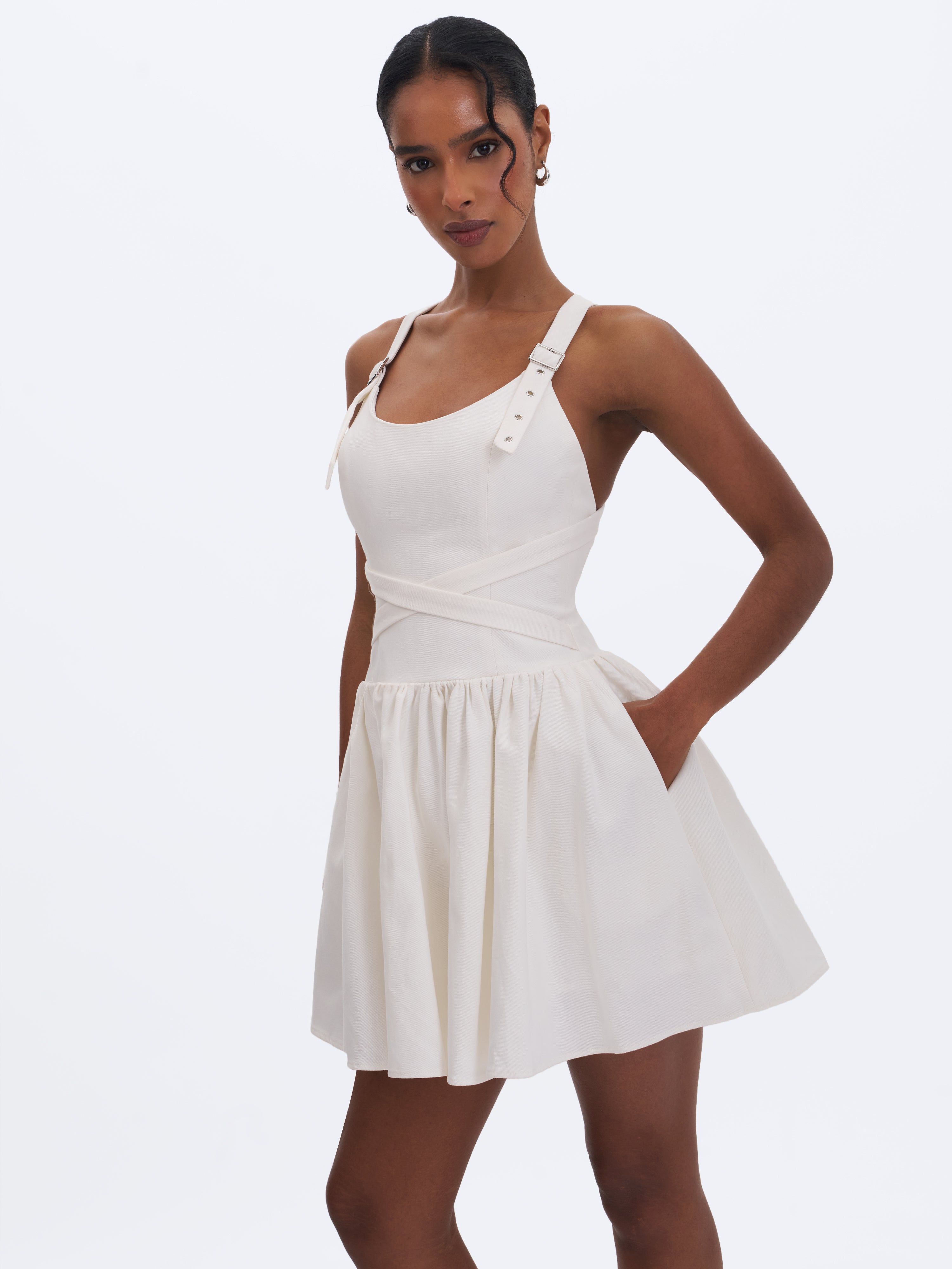 Francine White Cotton Denim Crossover Strap Mini Dress