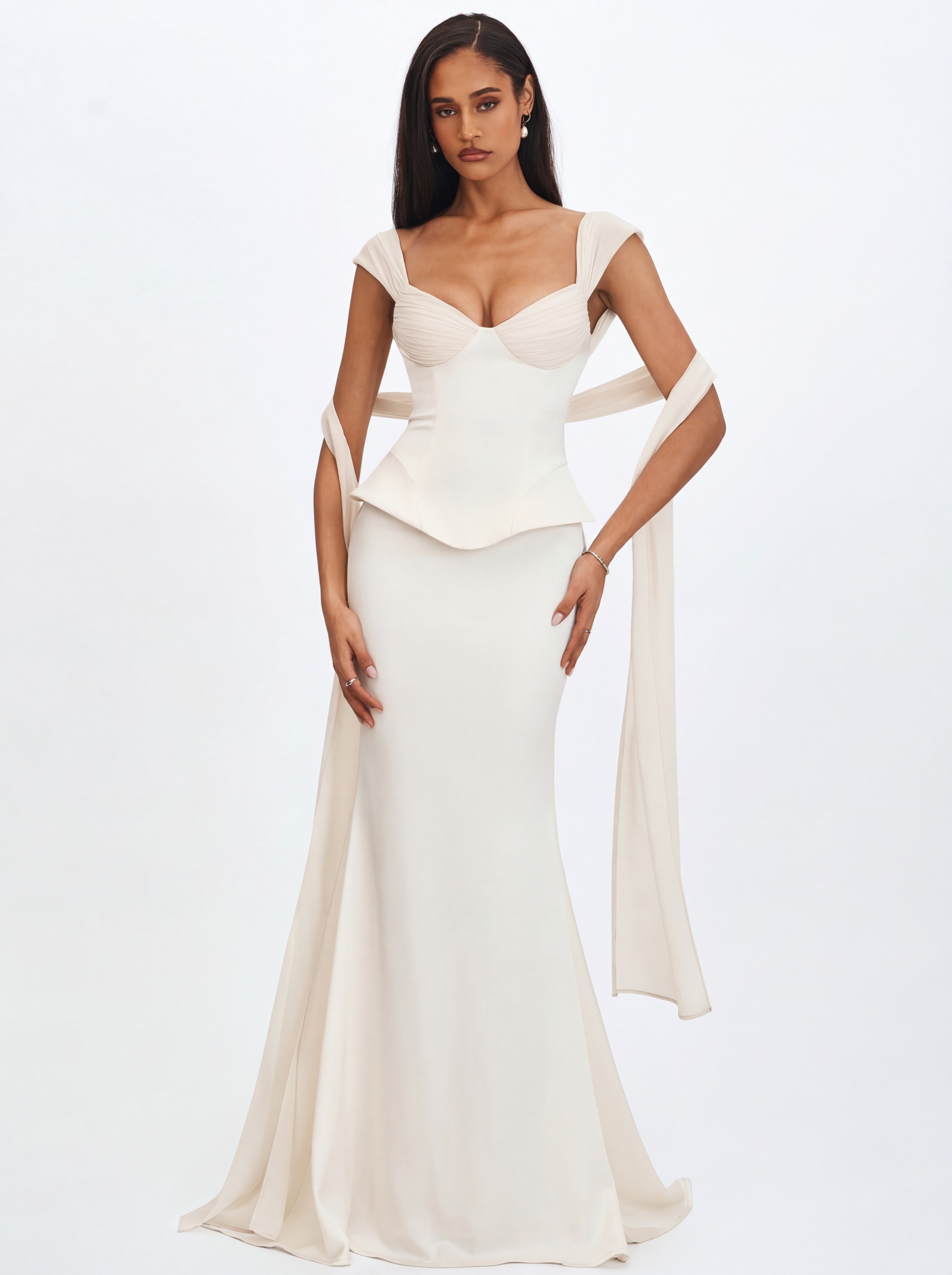 Jessalyn Ivory Sweetheart Peplum Mermaid Wedding Dress with Chiffon Scarf