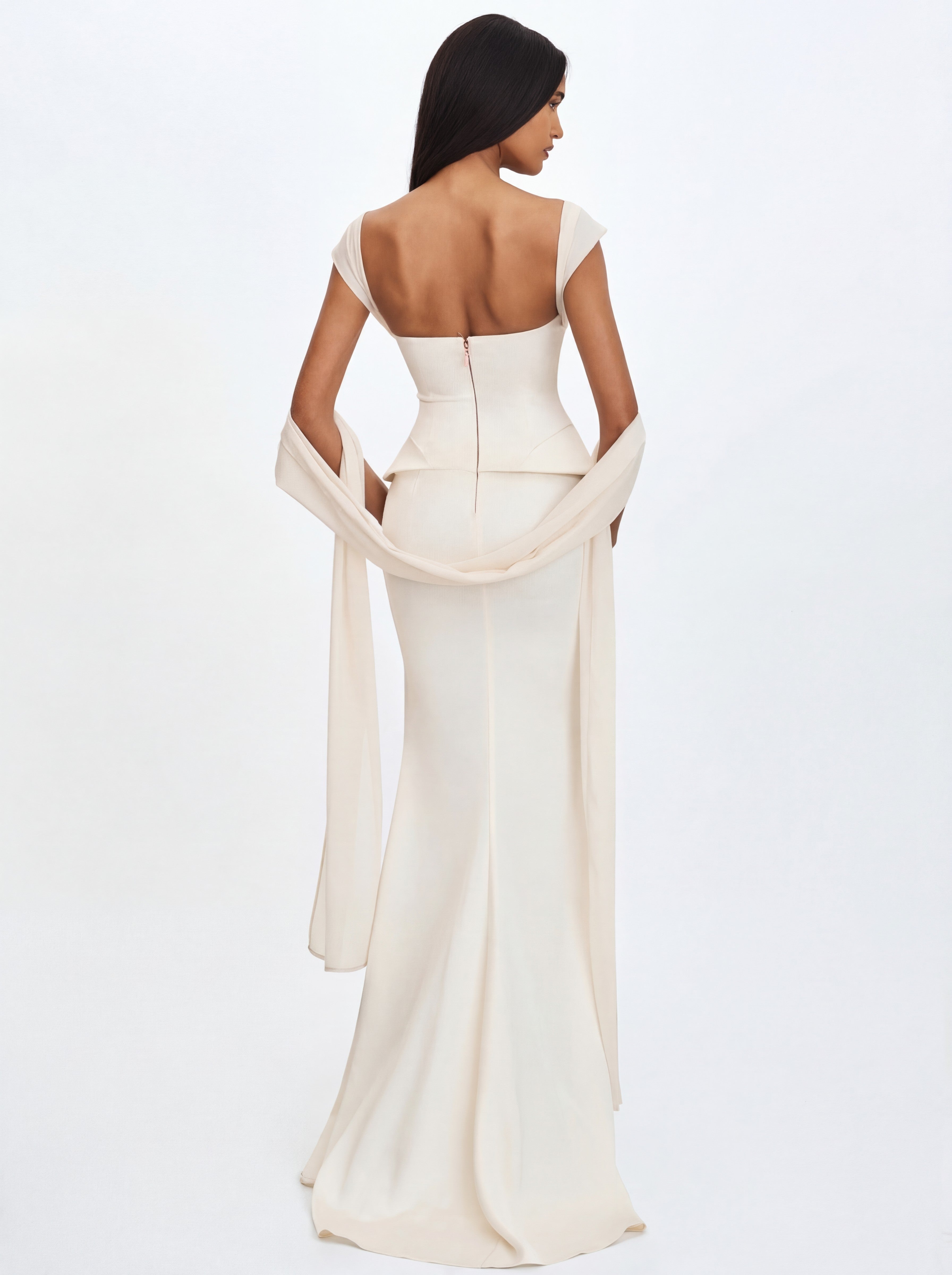 Jessalyn Ivory Sweetheart Peplum Mermaid Wedding Dress with Chiffon Scarf